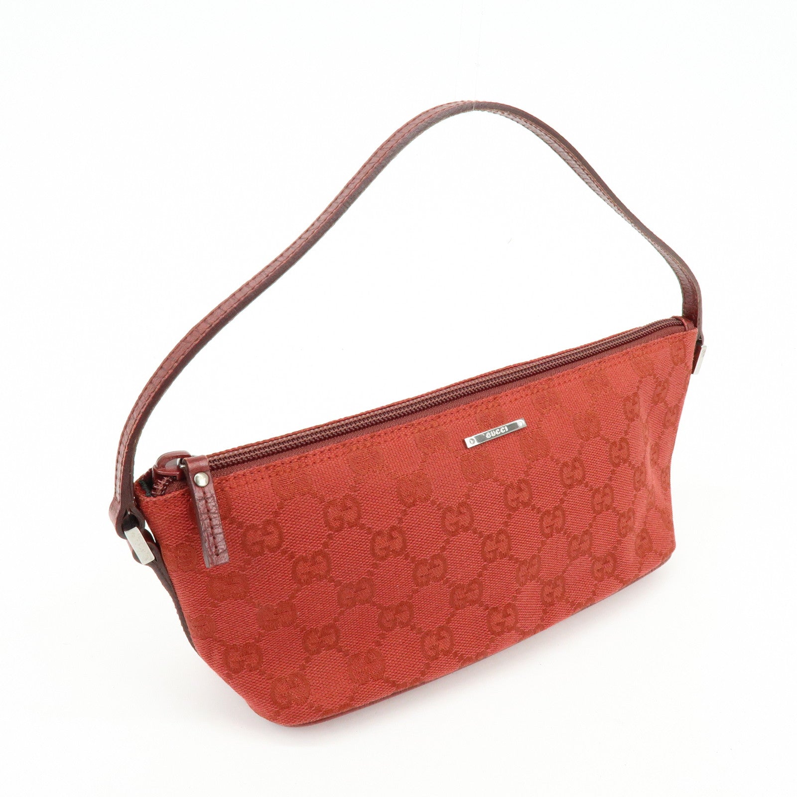 GUCCI Boat Bag GG Canvas Leather Hand Bag Wine Red 07198