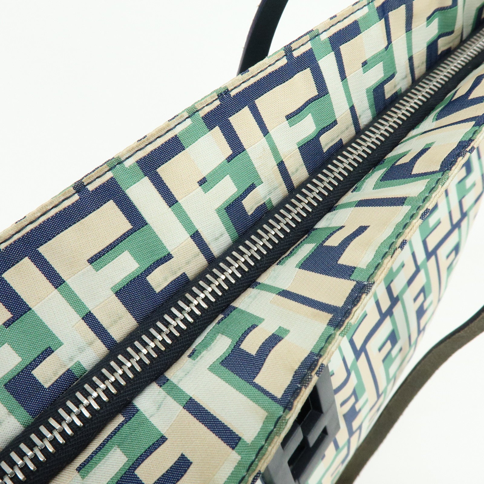 FENDI Zucca Nylon Leather Tote Bag Shoulder Bag Navy Green