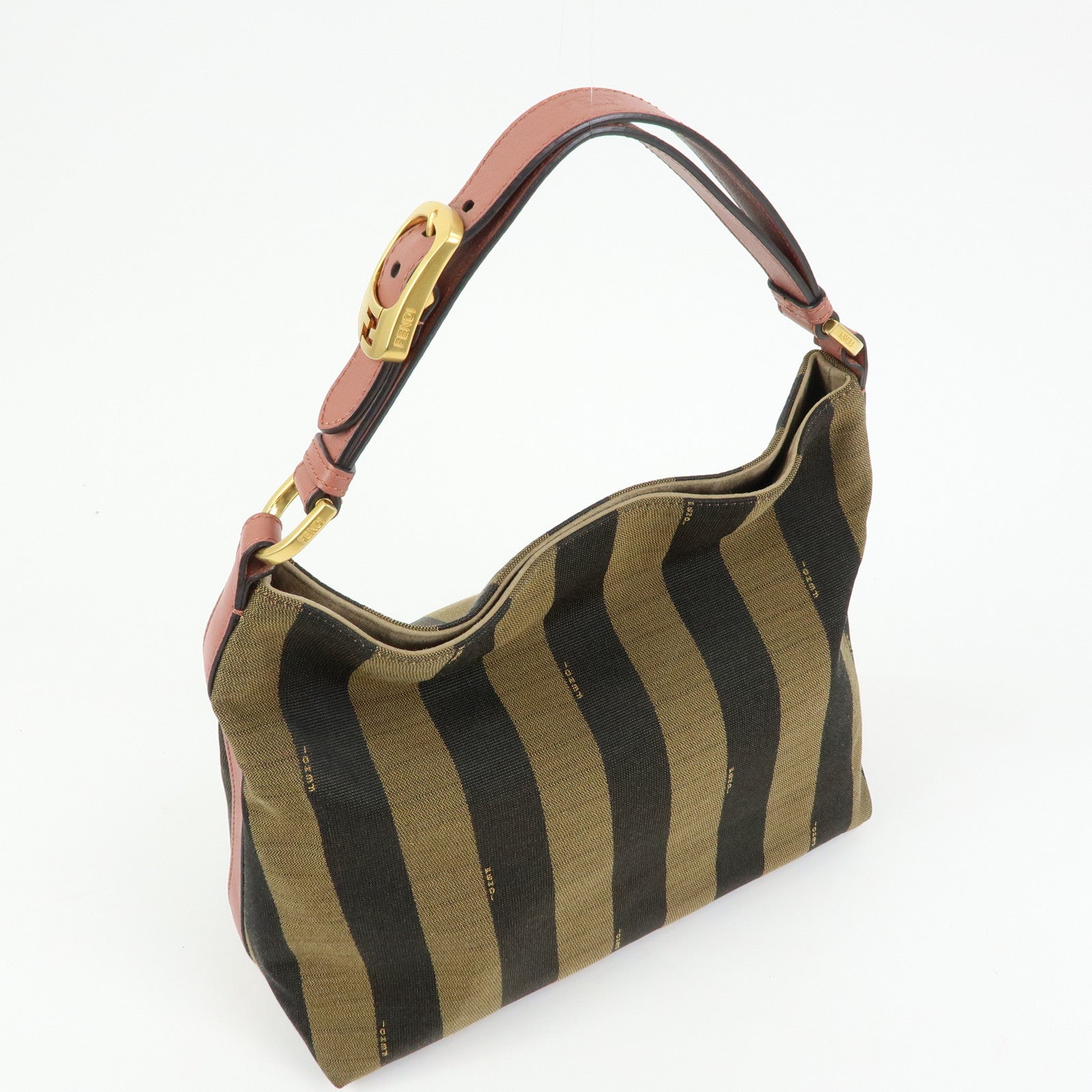 FENDI Pequin Canvas Leather Shoulder Bag Brown Pink 8BR669