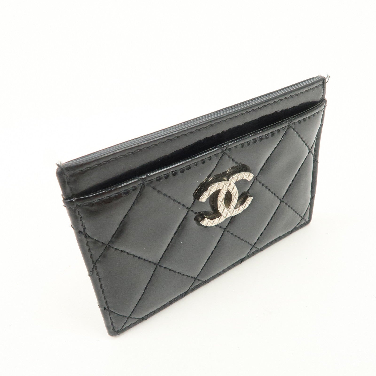 CHANEL COCO Mark Matelasse Patent Leather Card Case Black A48703