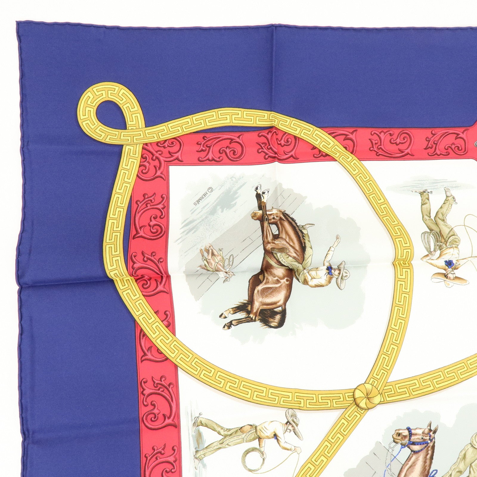 HERMES Carre 90 Silk 100% Scarf CHARREADA Navy White