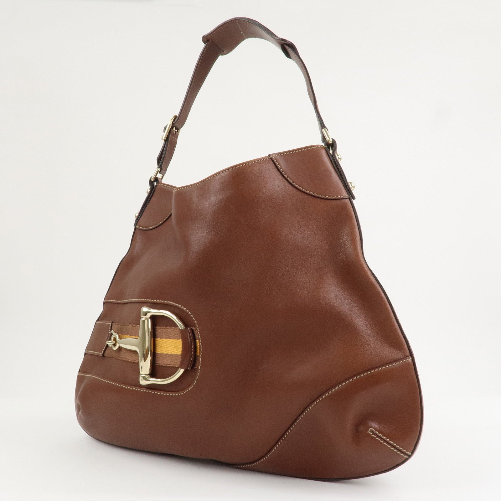 GUCCI Horsebit GG Canvas Leather Shoulder Bag Brown 137386