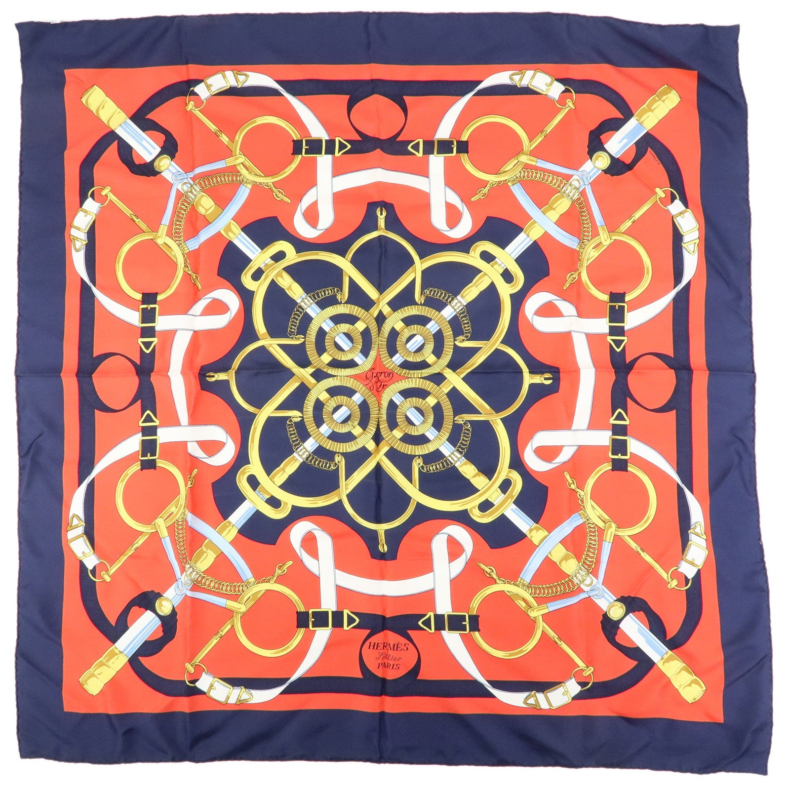 HERMES Carre 90 Silk 100% Scarf  Eperon d'or Navy White Yellow Red