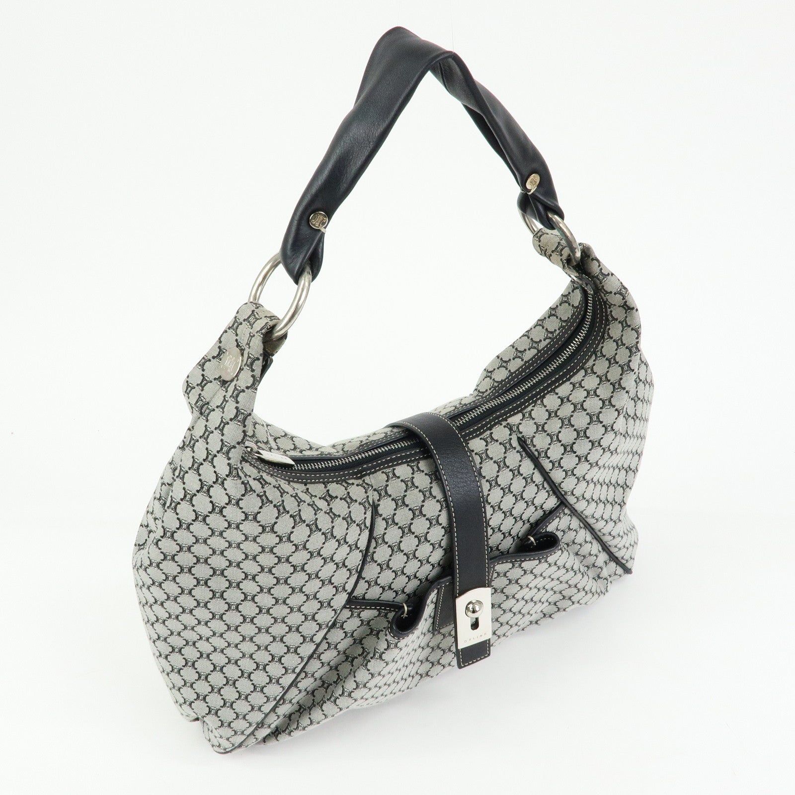 CELINE Macadam Canvas Leather Shoulder Bag Grey Black