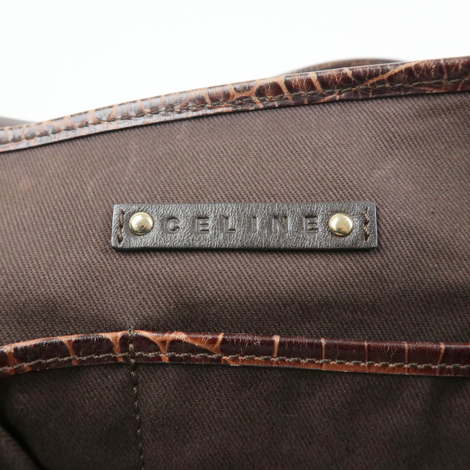 CELINE Macadam Embsossed Leather Canvas Tote Bag Hand Bag Brown