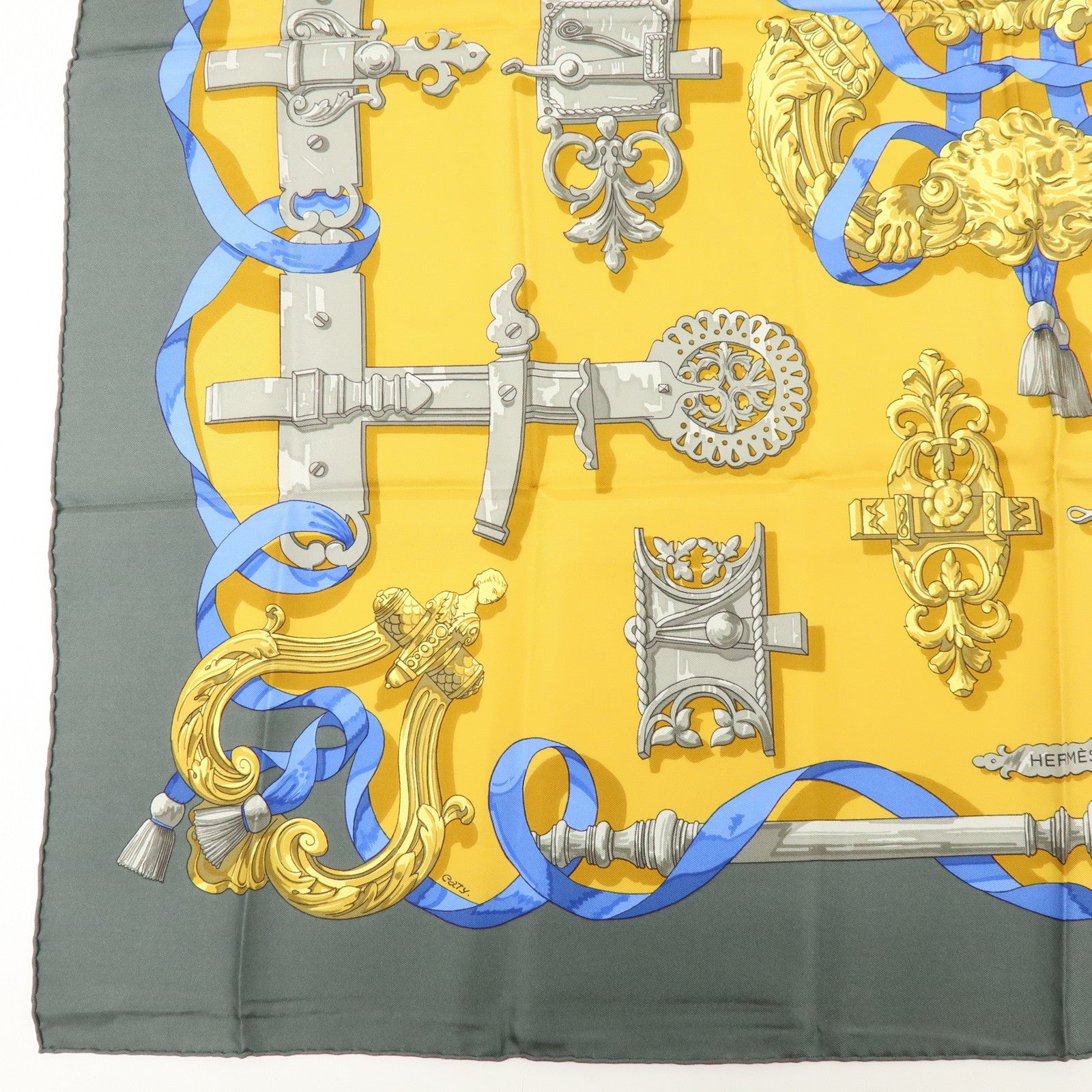 HERMES Carre 90 Silk 100% Scarf Ferronnerie Gray Gold
