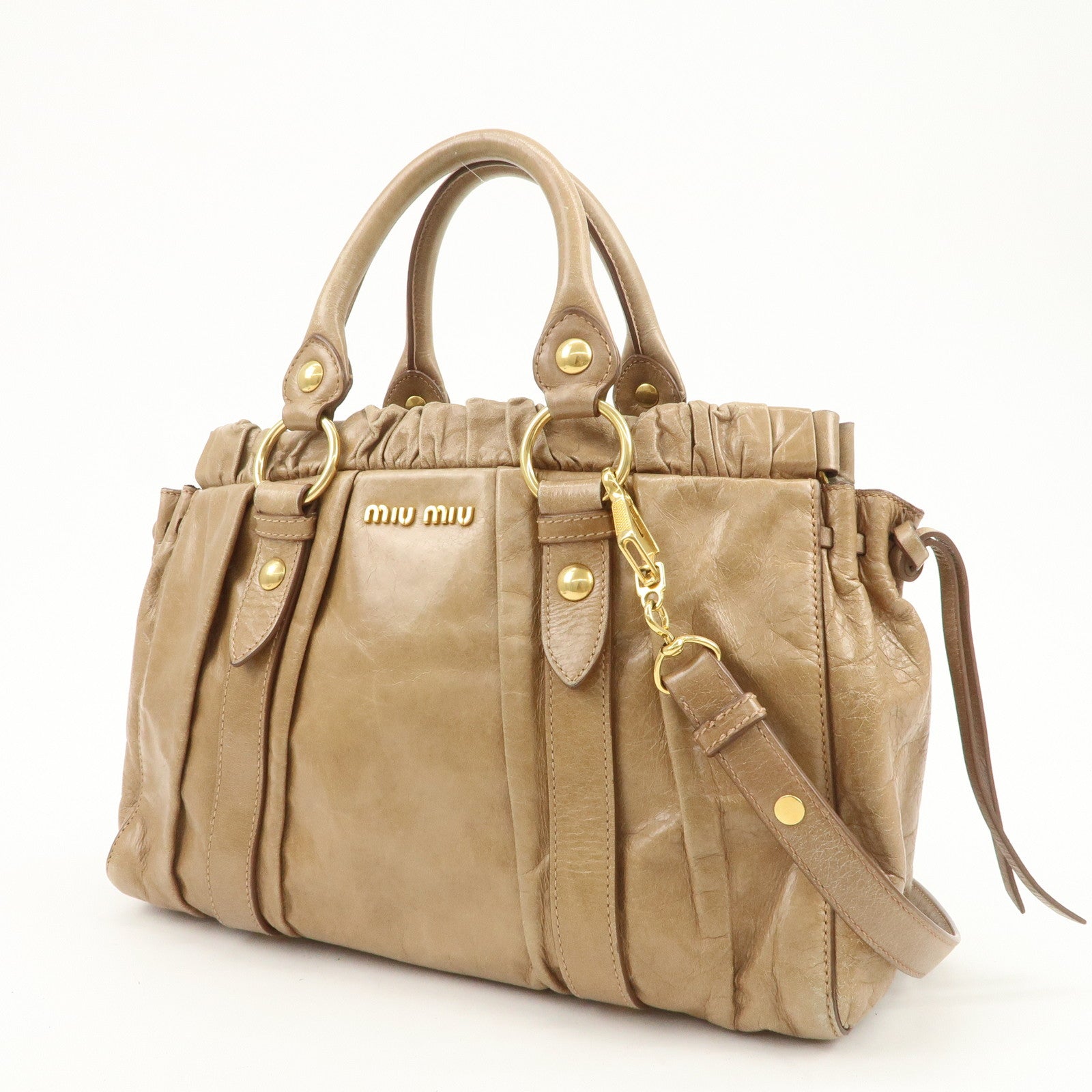 MIU MIU Leather 2Way Gathered Hand Bag Shoulder Bag Brown RT0383