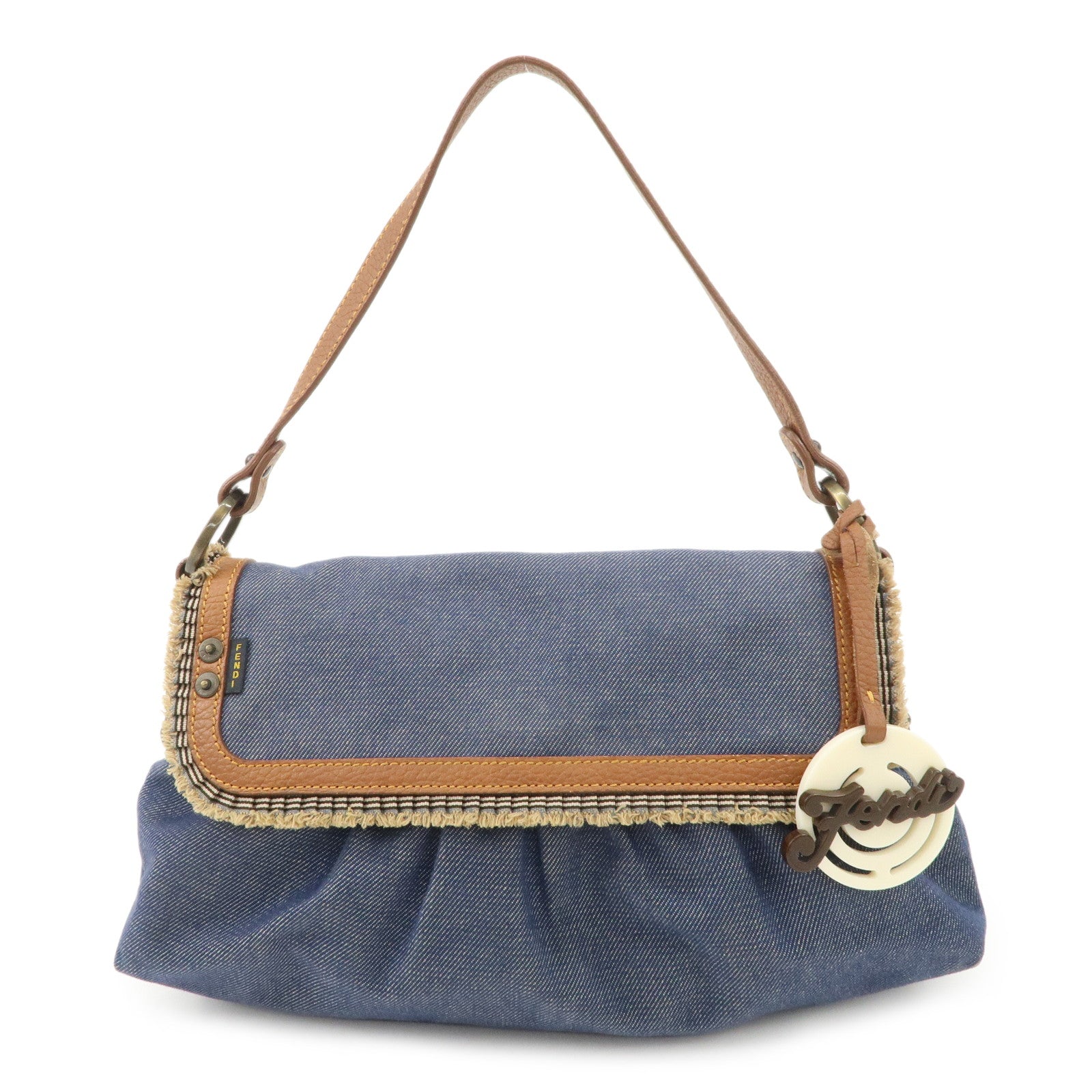 FENDI Denim Leather Shoulder Bag Hand Bag Indigo Brown 8BR445 Used