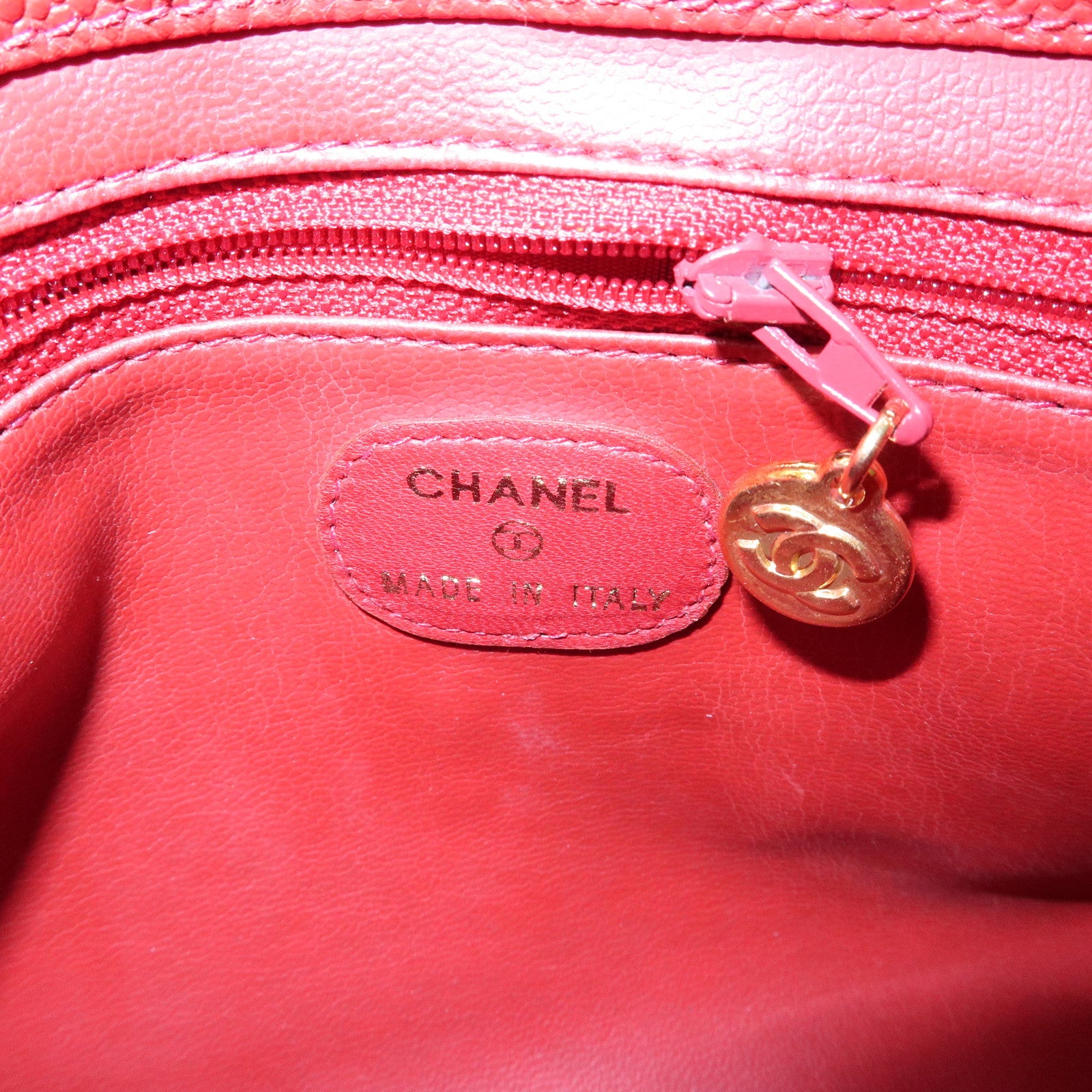 CHANEL COCO Mark Caviarskin Cosmetic Case Makeup Bag Pouch Red