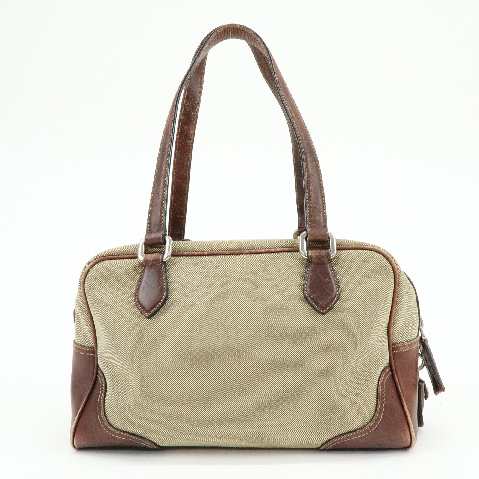 PRADA Leather Logo Jacquard Tote Bag Hand Bag Beige Brown