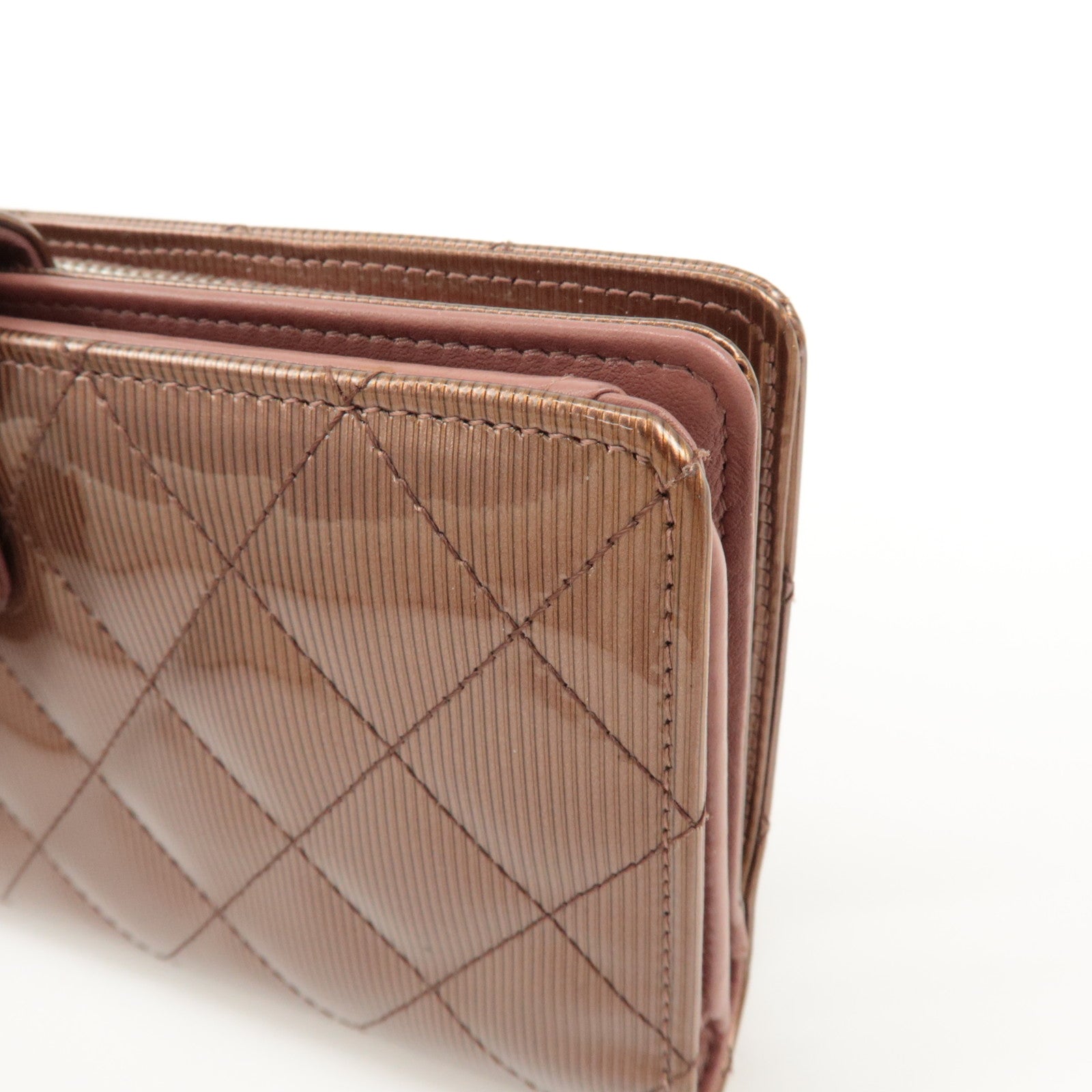 CHANEL Matelasse Patent Leather Long Wallet Silver HDW Brown Used