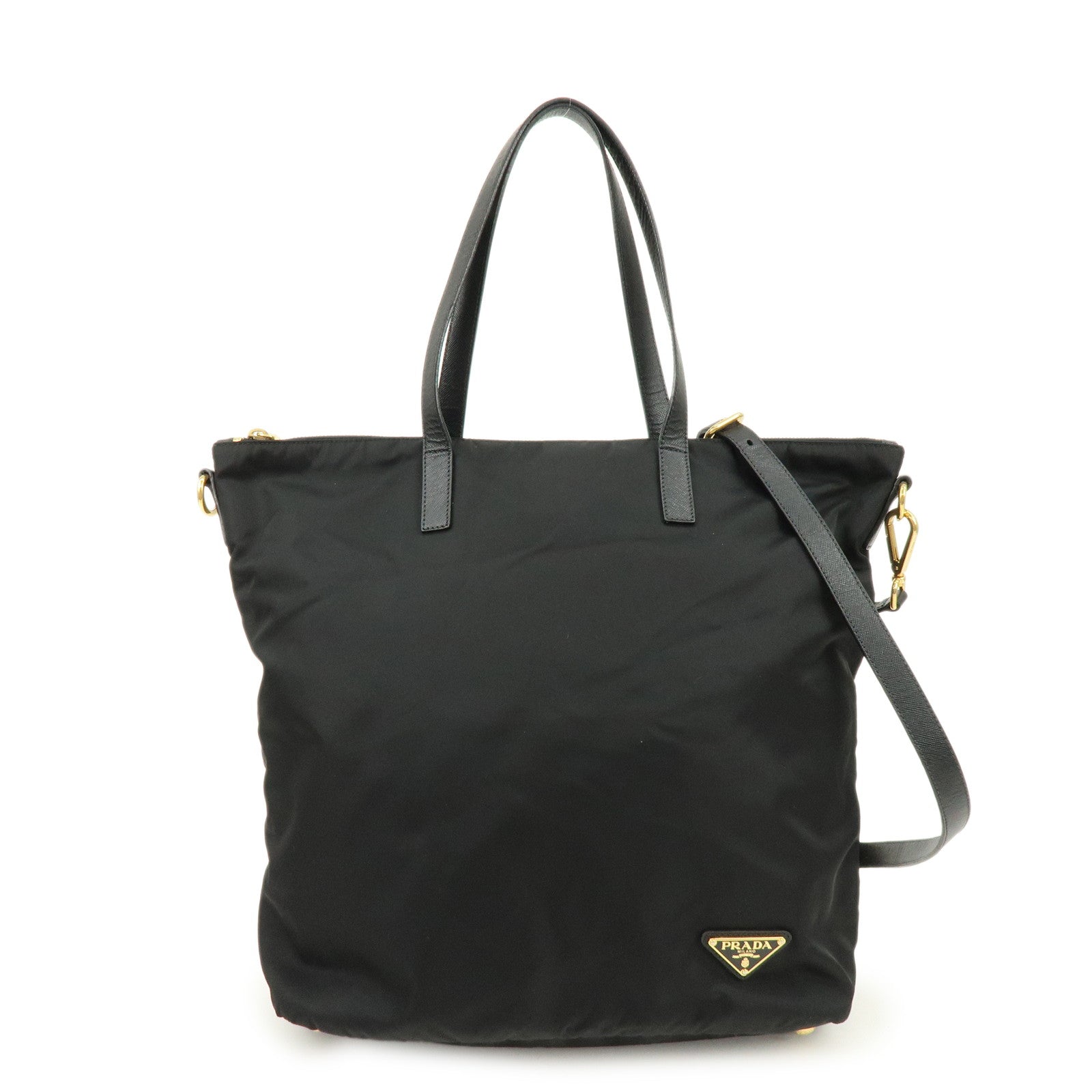 PRADA Triangle Logo Nylon Saffiano Leather 2Way Bag Hand Bag Black