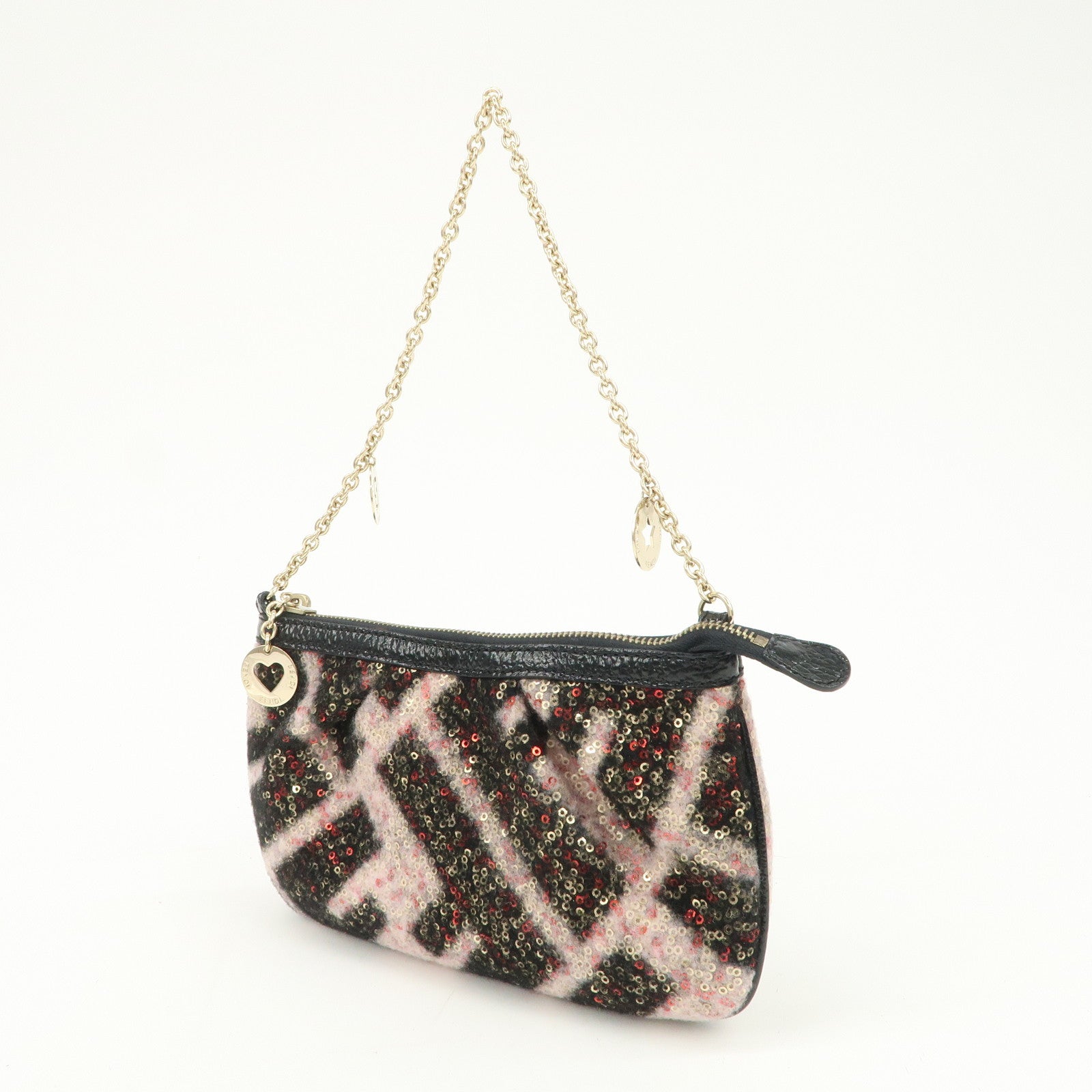 FENDI Wool Flip Sequin Leather Chain Bag Pouch Black Pink 8BR594