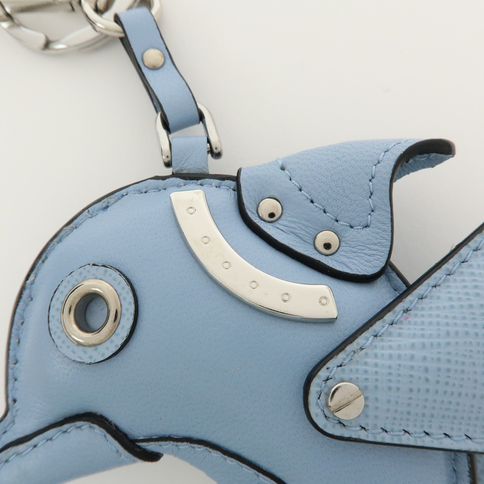 PRADA Triangle Logo Dolphin Motif Leather Key Charm Light Blue