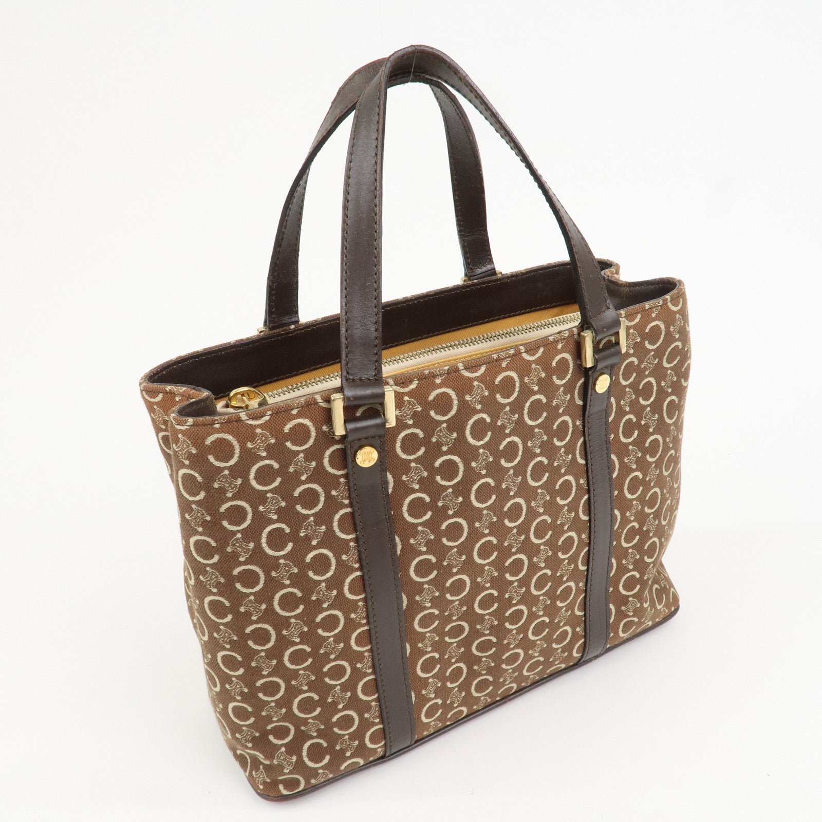 CELINE C Macadam Canvas Leather Hand Bag Brown Beige