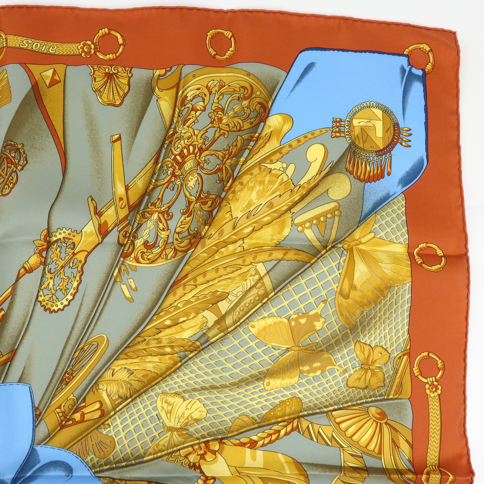 HERMES Carre 90 Silk 100% Soleil de Soie Scarf Gold Brown Blue