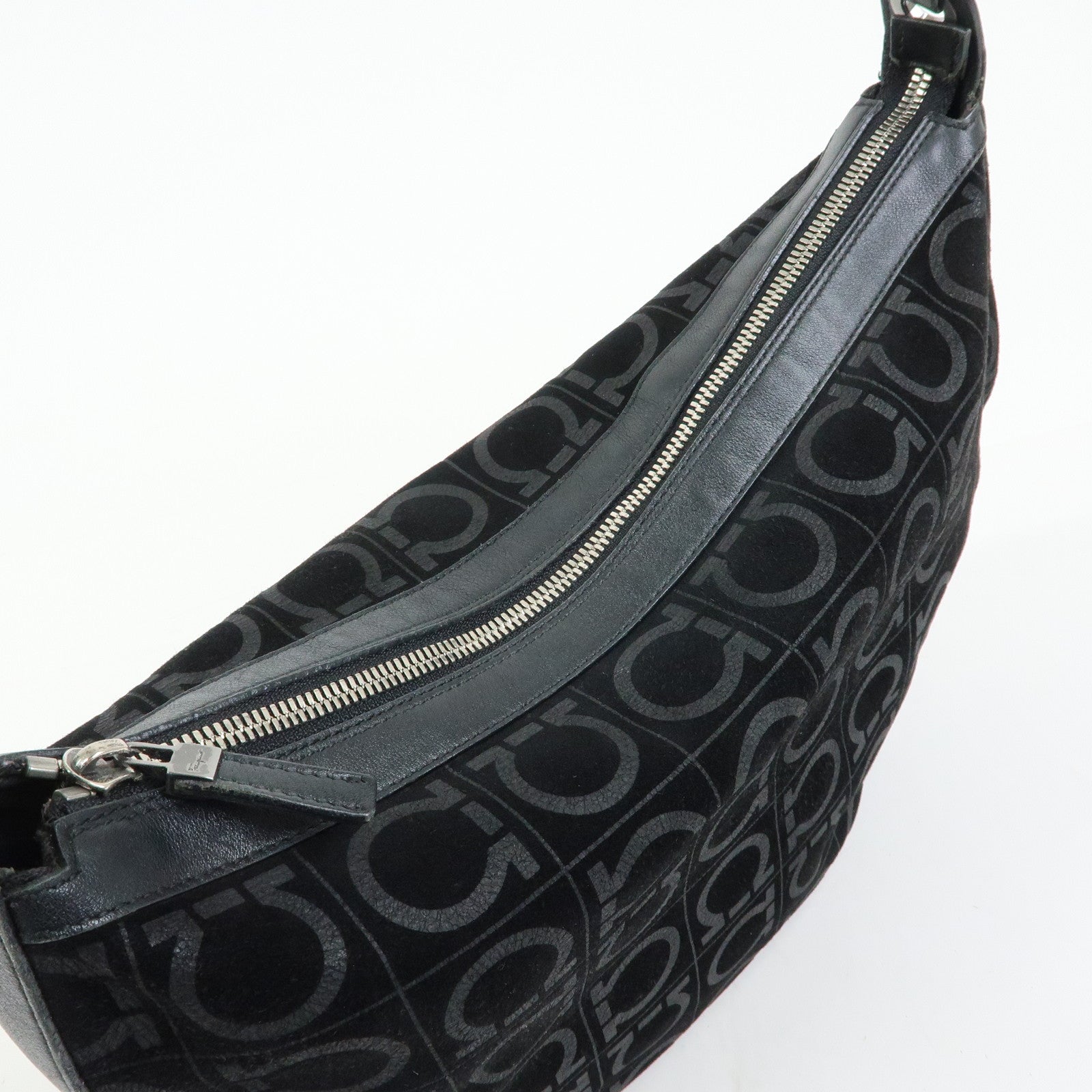 Ferragamo Gancini Suede Leather Shoulder Bag Tote Bag Black