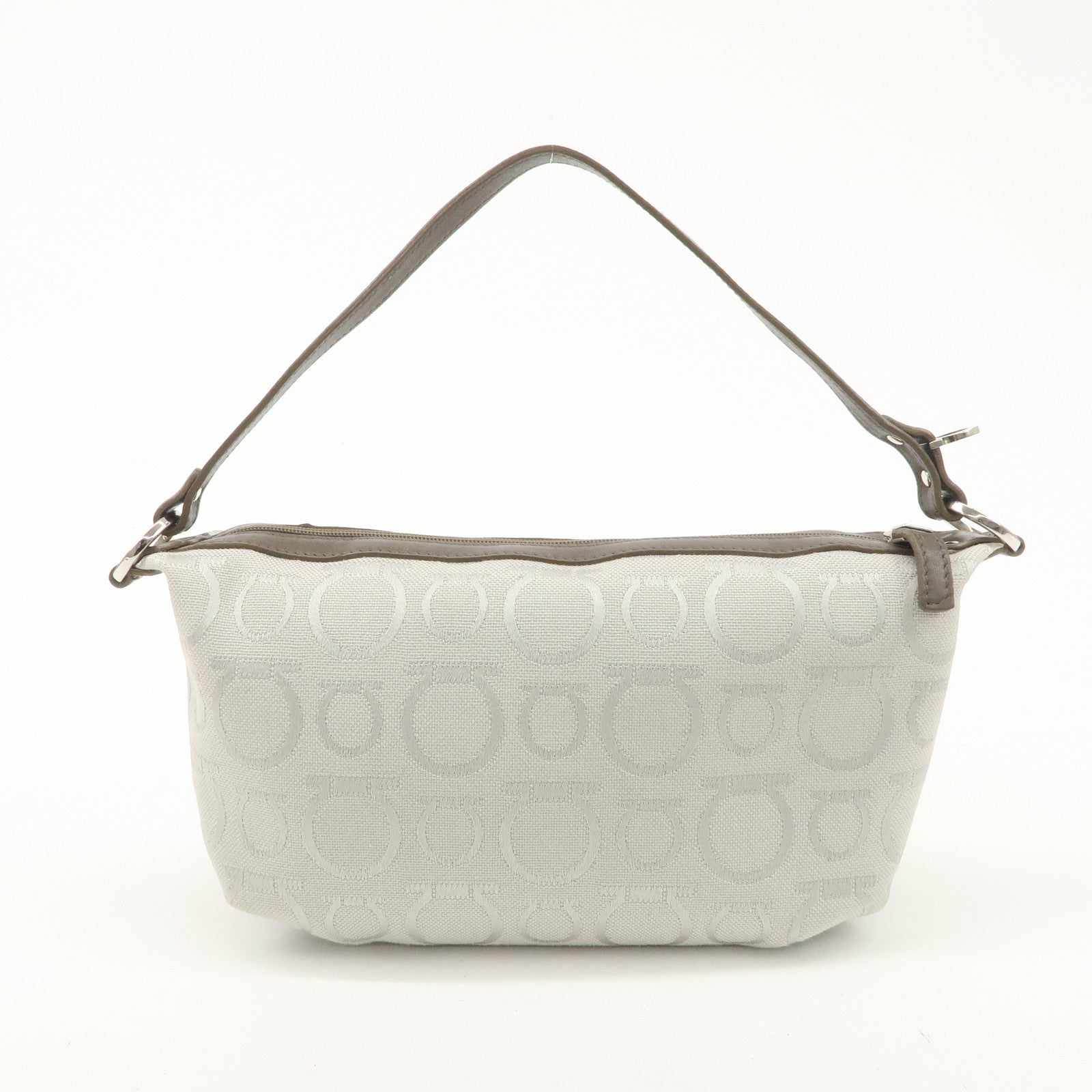 Ferragamo Gancini Leather Canvas Shoulder Bag Brown Silver Used