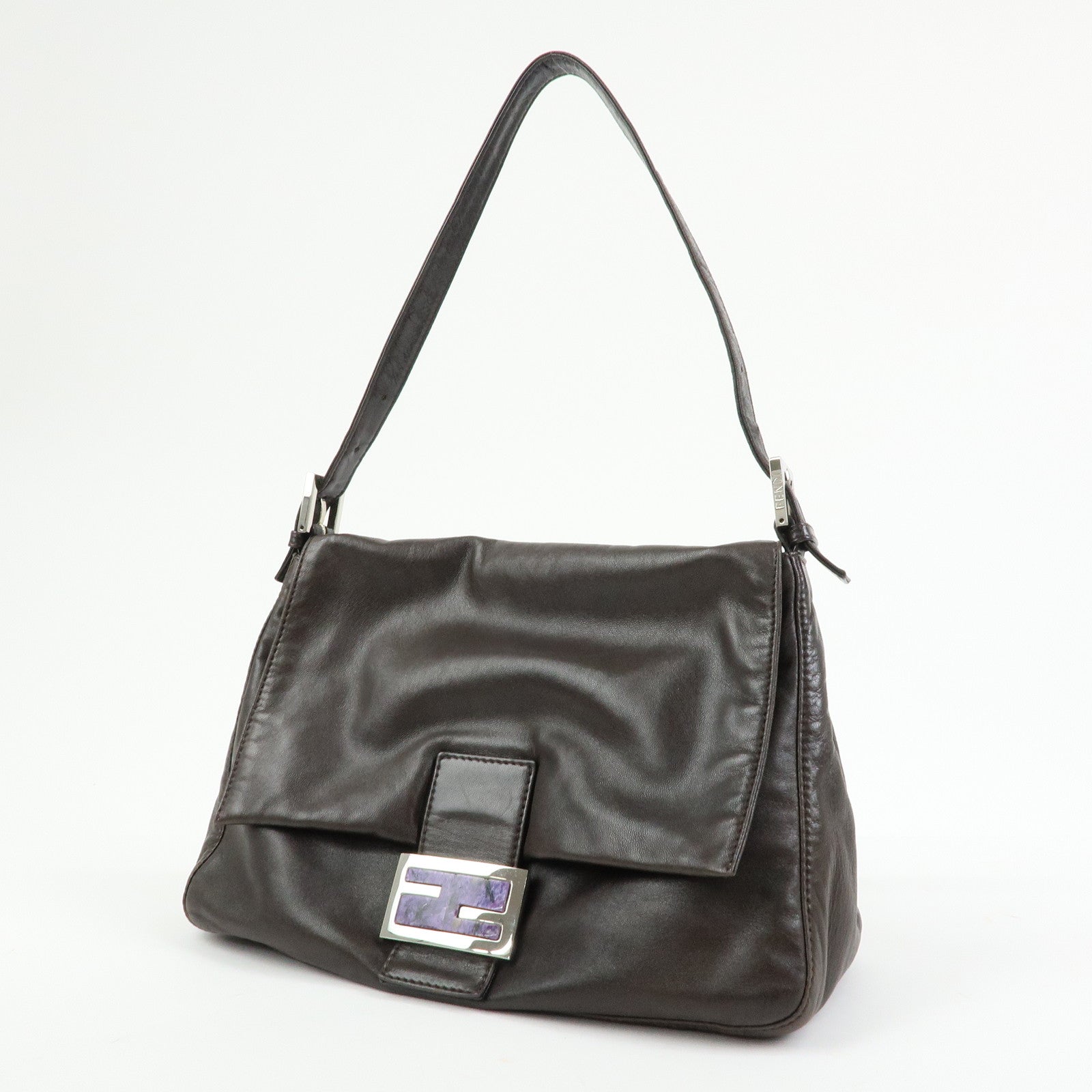 FENDI Mamma Baguette Lamb Skin Shoulder Bag Dark Brown 26325