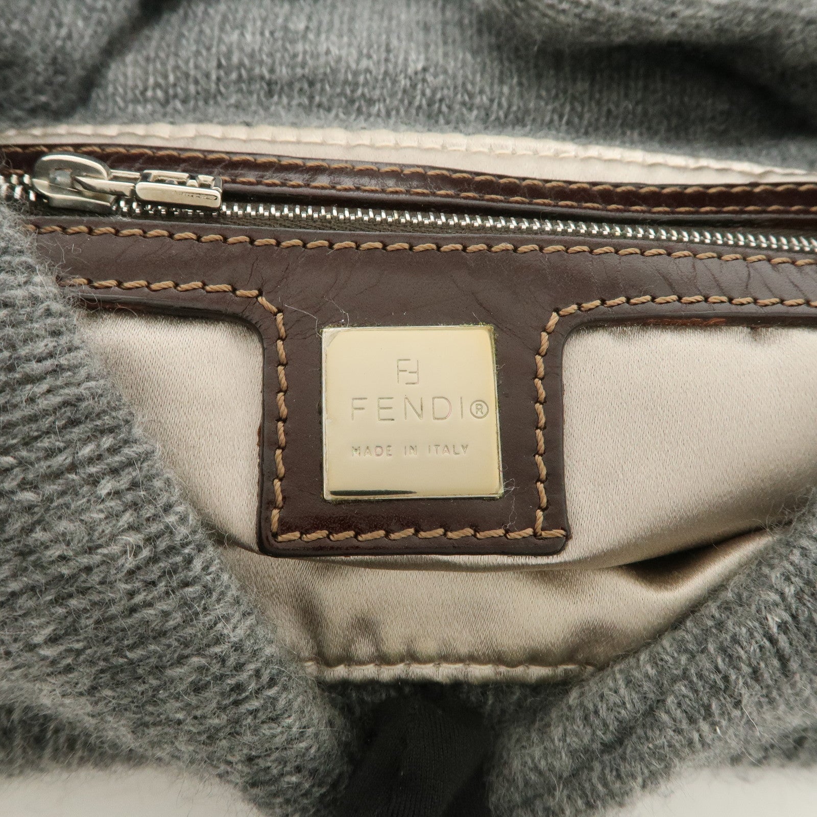 FENDI Mamma Baguette Wool Leather Shoulder Bag Brown Gray 26424