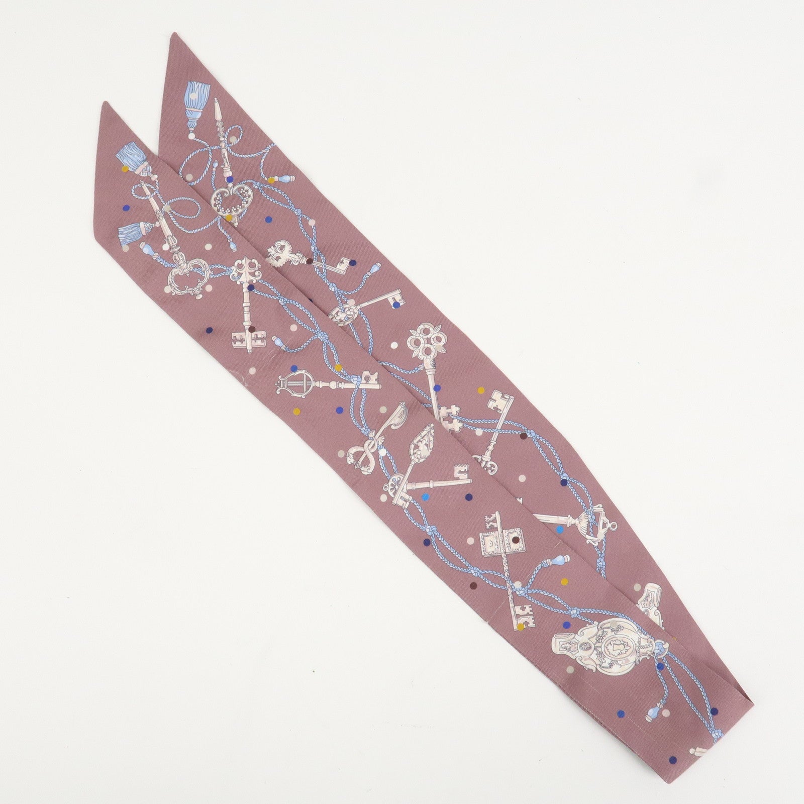 HERMES Silk 100％ Twilly Scarf LES CLES A POIS Purple Multicolor