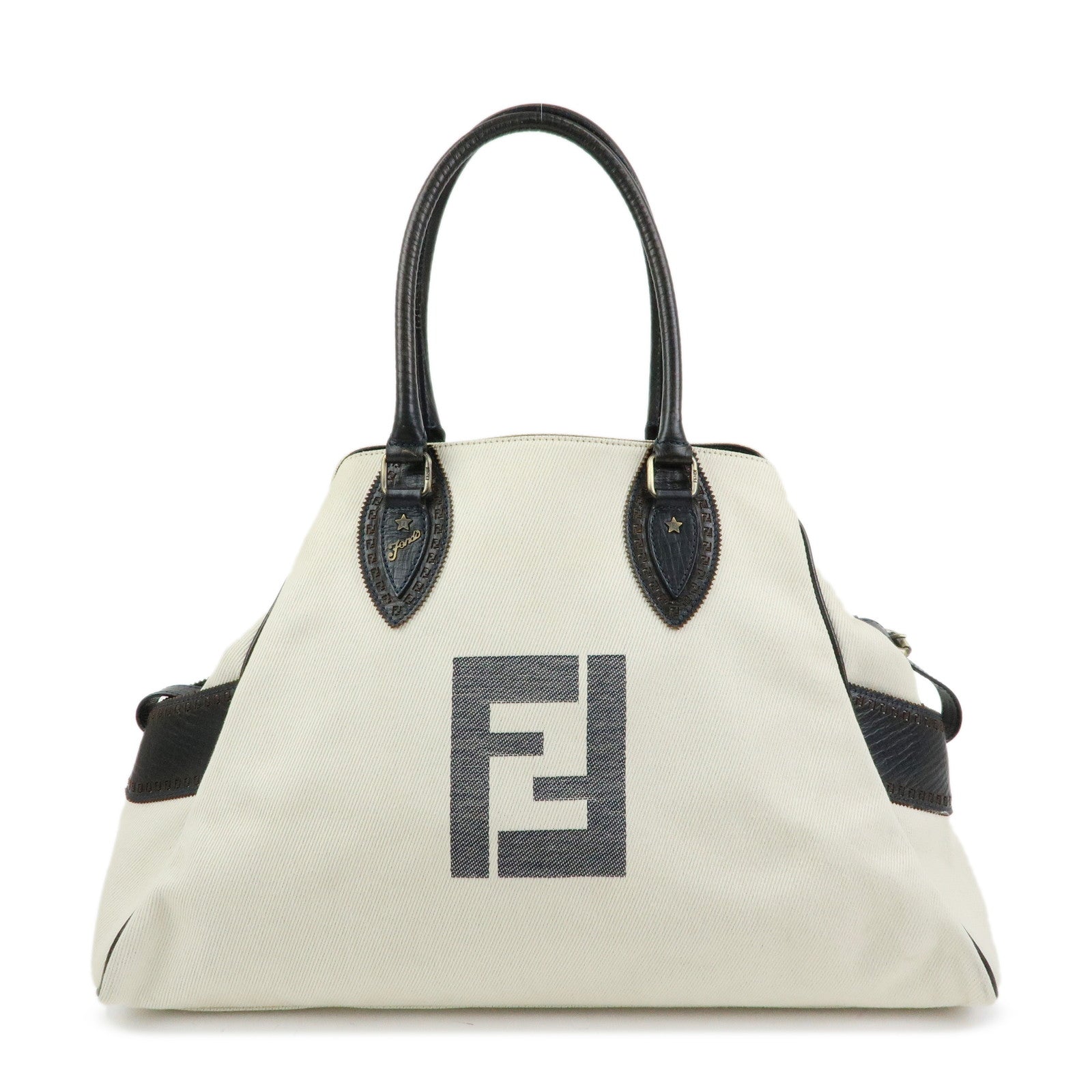 FENDI Etnico Denim Leather Tote Bag Ivory Dark Brown 8BN158