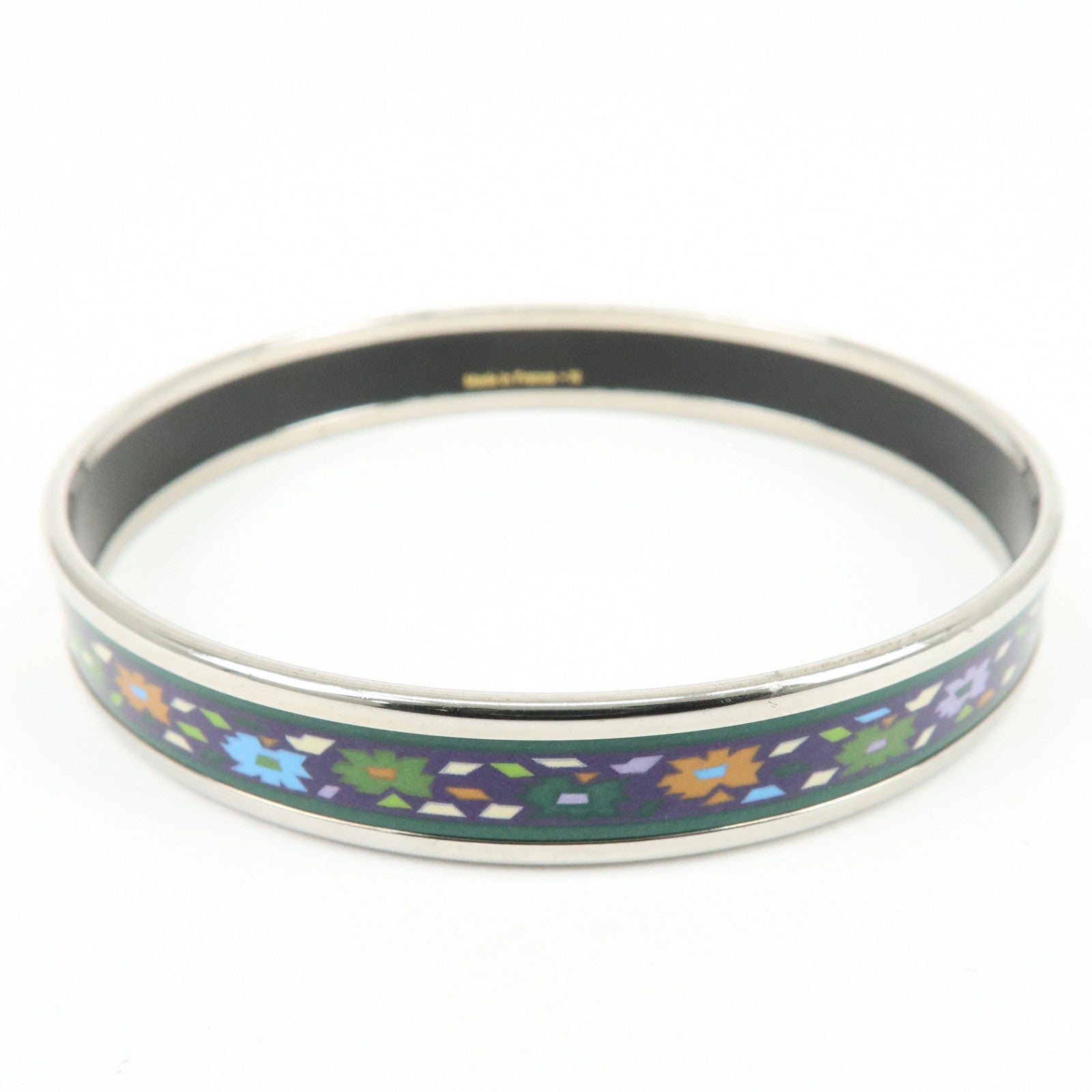 HERMES Email PM Silver Plated Bracelet Bangle Green Multicolor