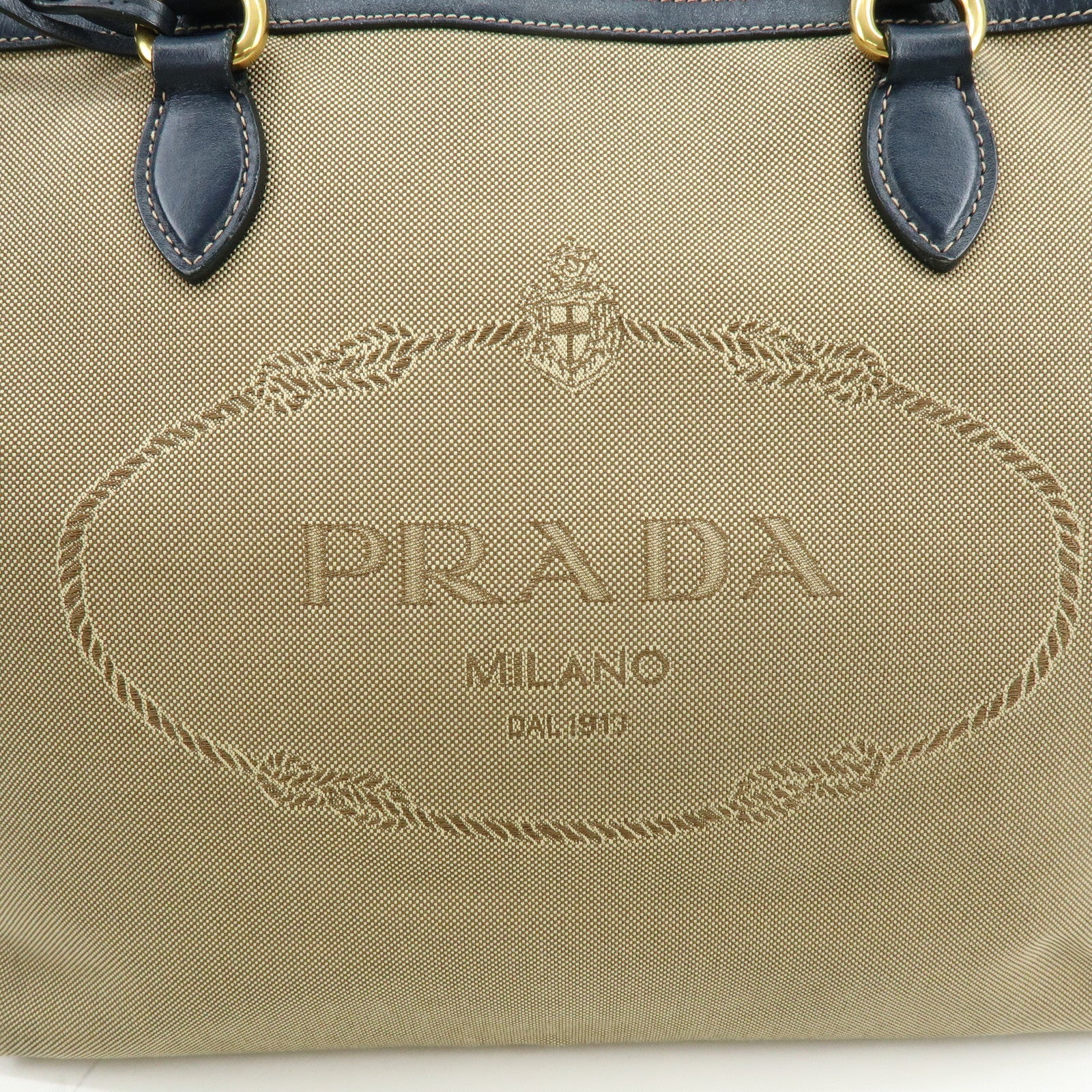 PRADA Logo Jacguard Leather Tote Bag Hand Bag Beige Navy