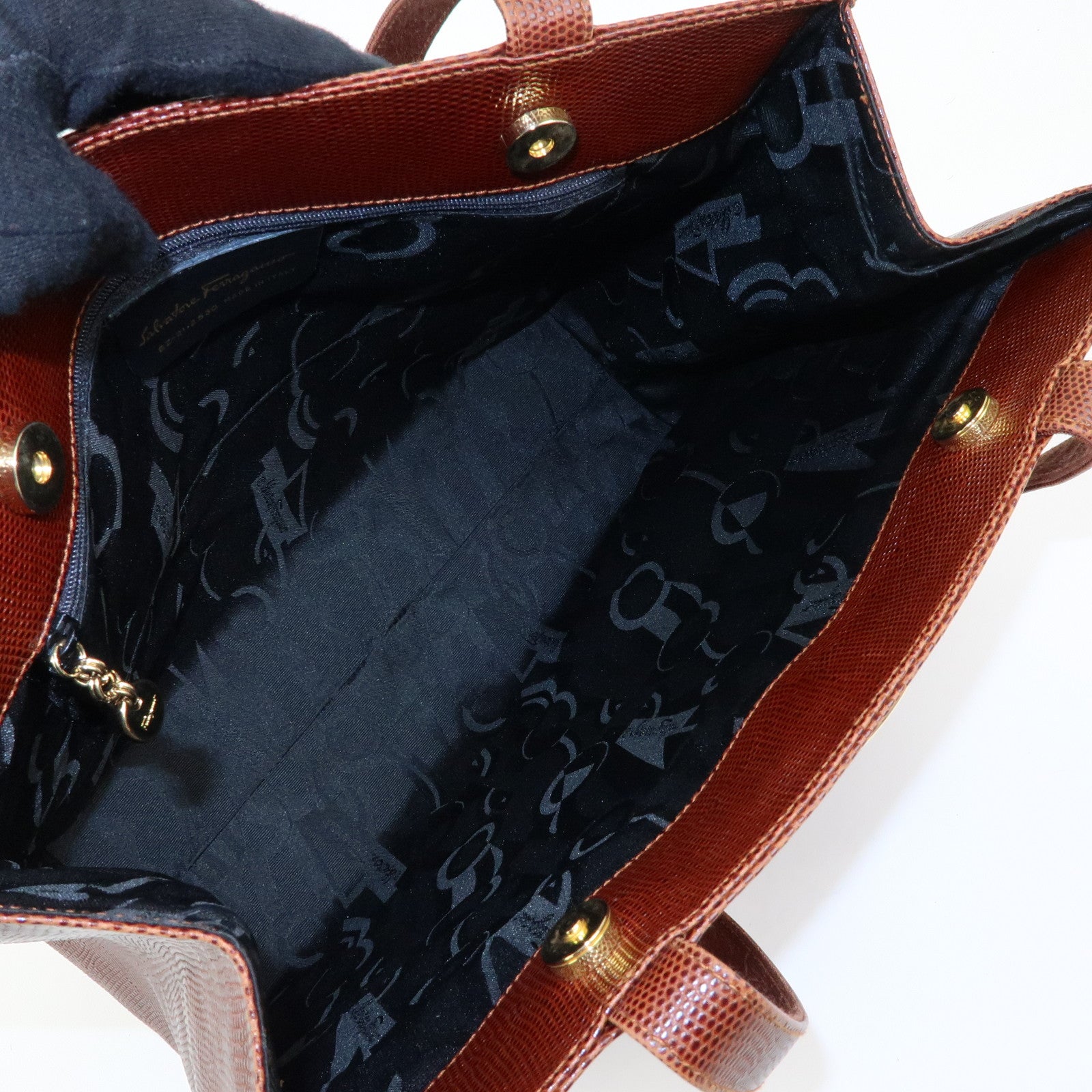 Ferragamo Vara Embossed Leather Tote Bag Shoulder Bag Brown