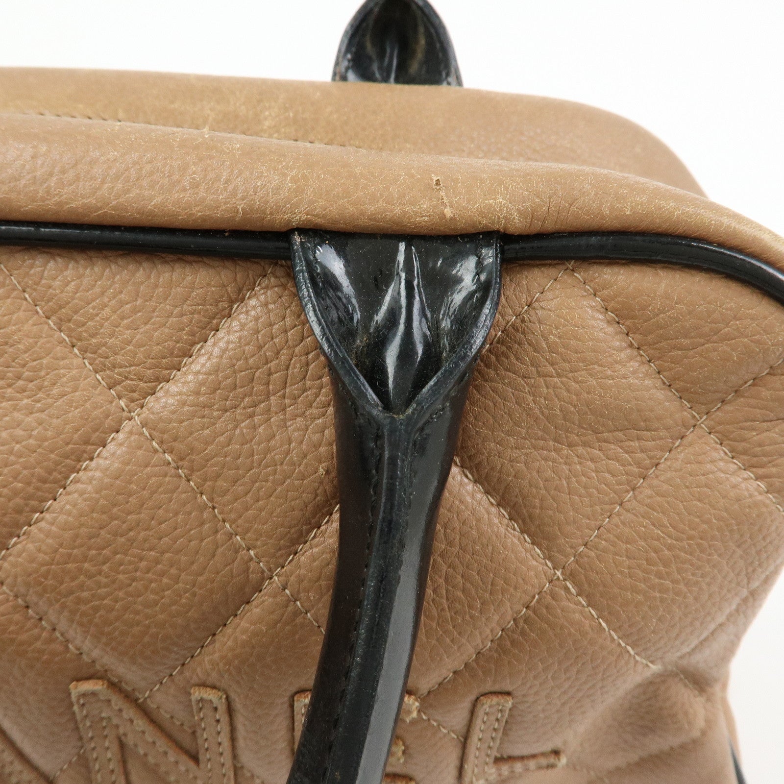 CHANEL Caviarskin Patent Leather Mini Boston Hand Bag Brown Black