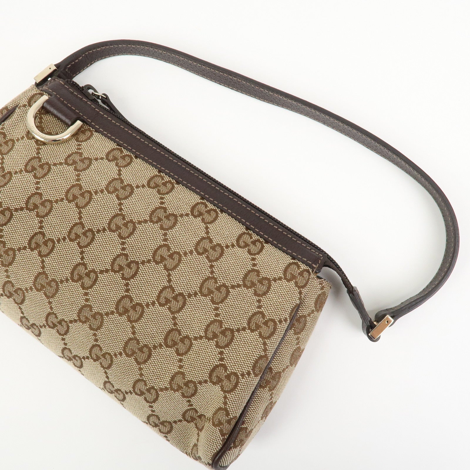GUCCI GG Canvas Leather Accessory Pouch Hand Bag Brown 145750