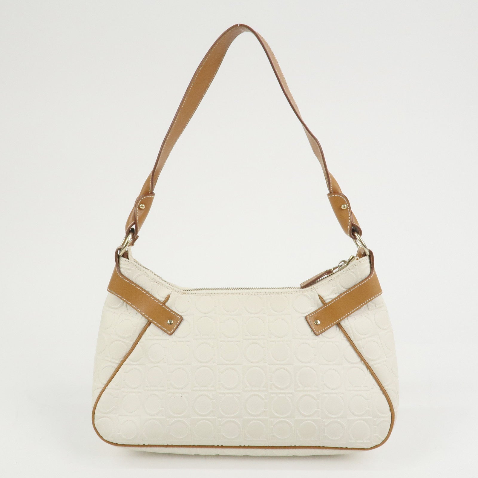 Ferragamo Gancini Logo Leather Shoulder Bag Hand Bag White