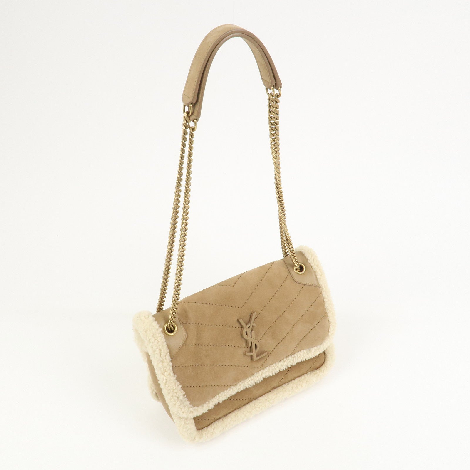 SAINT LAURENT PARIS Niki Mouton Leather Shoulder Bag Light Brown