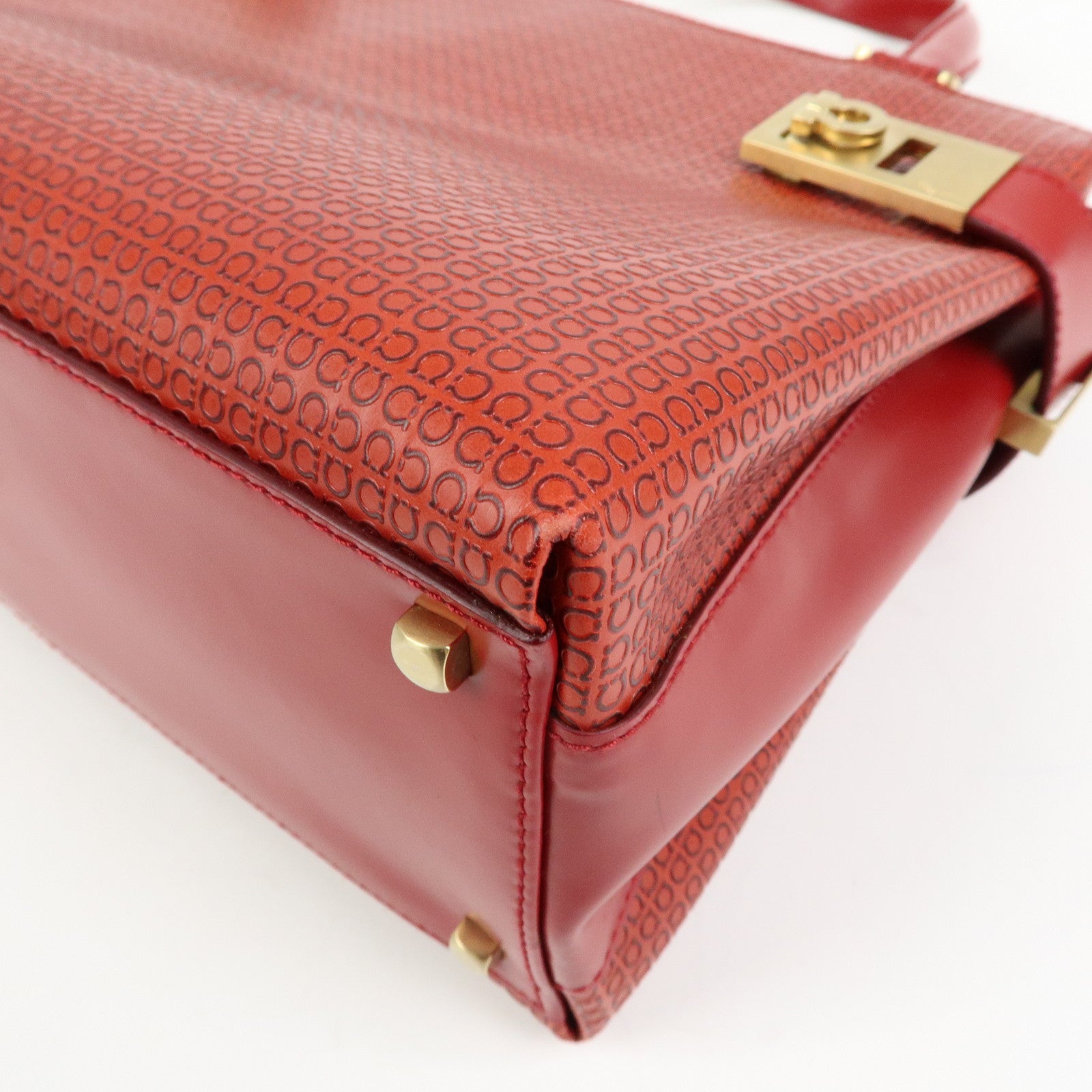 Ferragamo Gancini Side Belt Leather Hand Bag Tote Bag Red