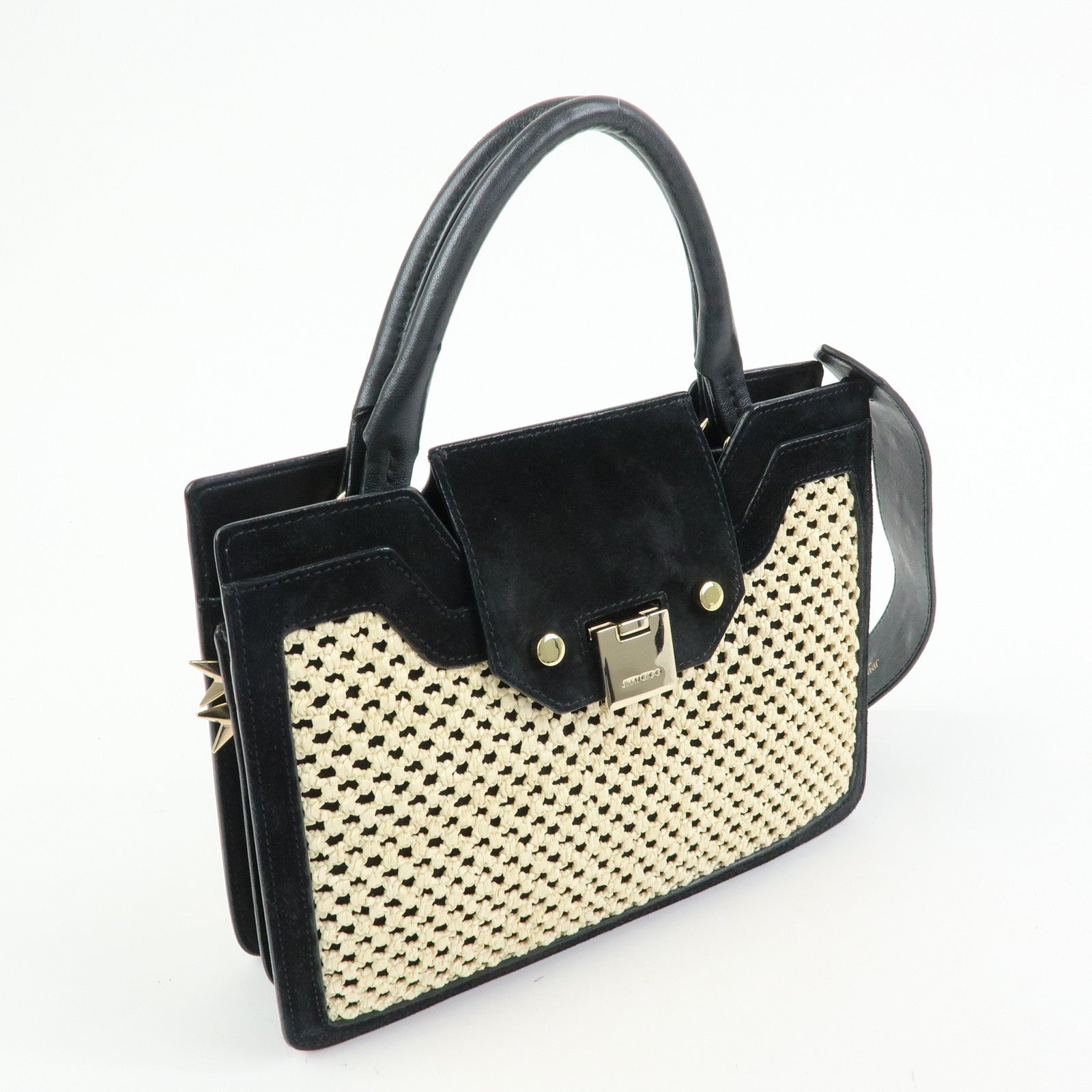 JIMMY CHOO Straw Suede Leather 2Way Bag Hand Bag Natural Black