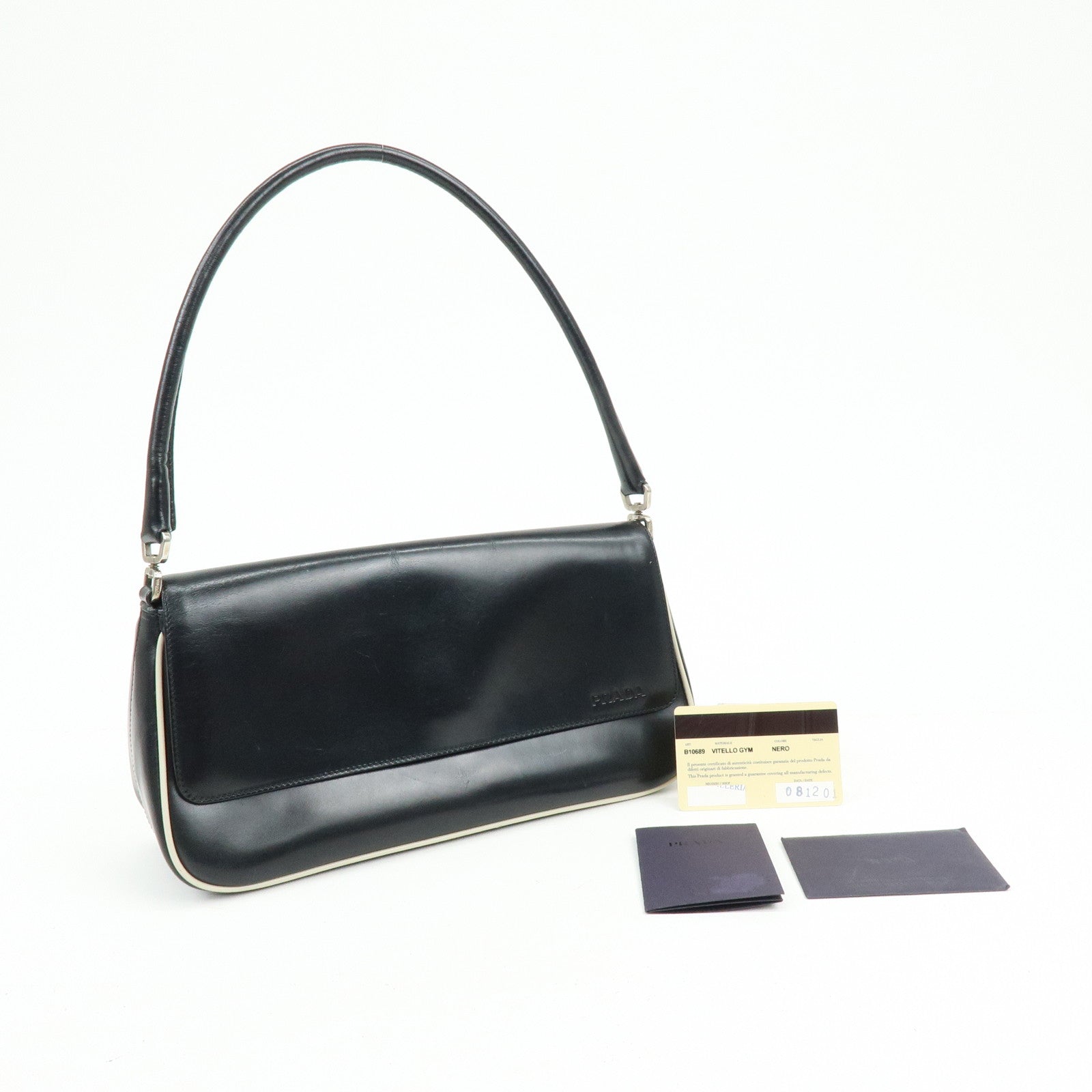 PRADA Logo Leather Shoulder Bag Hand Bag Black White