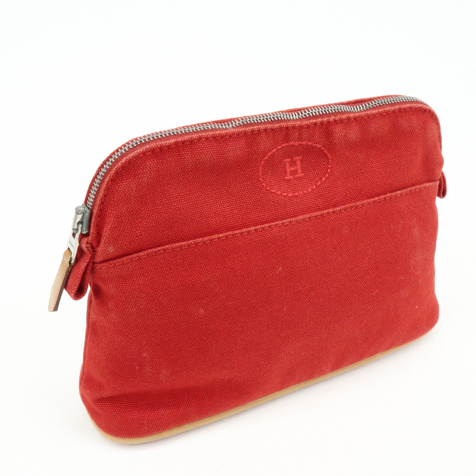 HERMES Bolide Cotton Leather Pouch Cosmetic Pouch Red