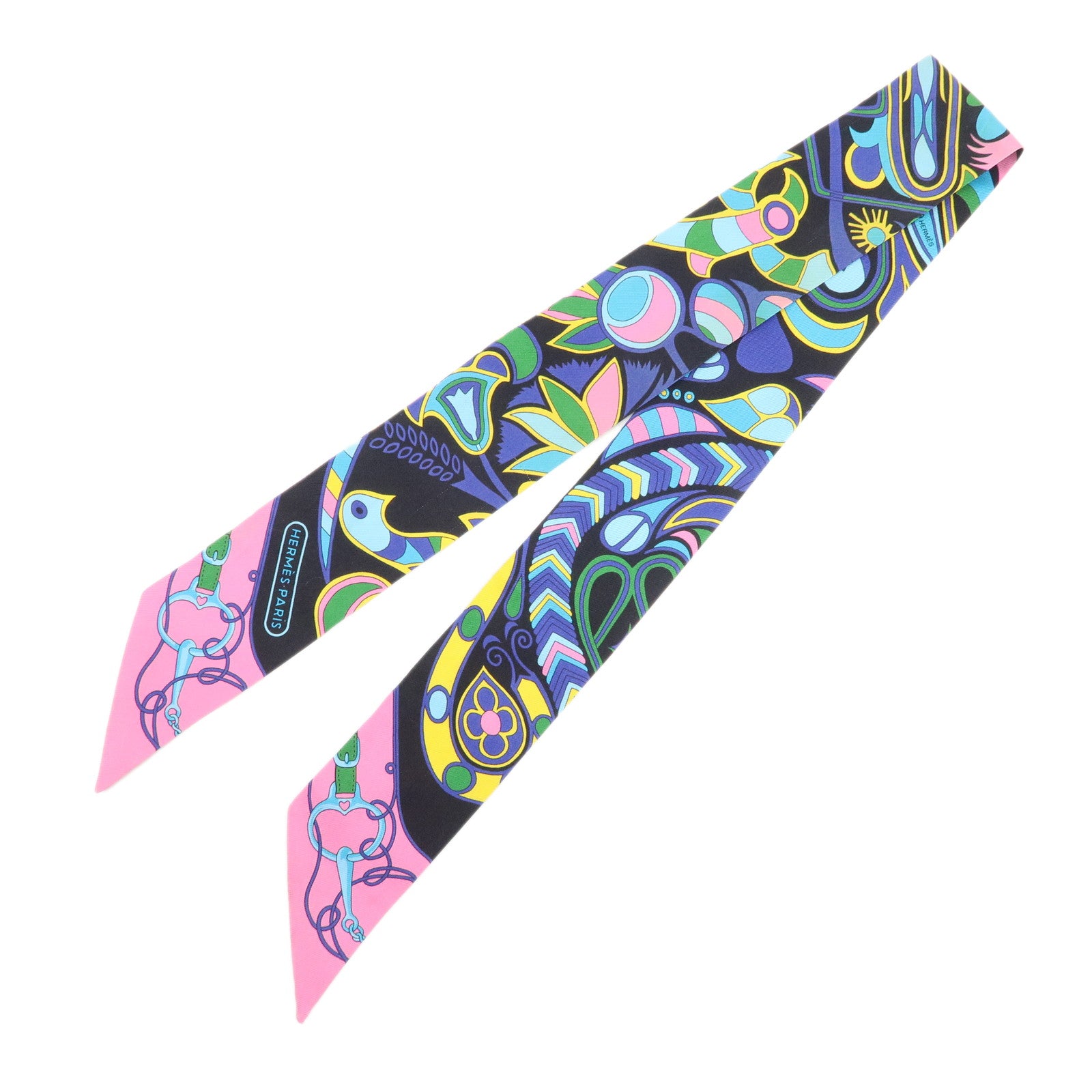 HERMES Silk 100％ Twilly Scarf FOLKLORE Black Pink Used