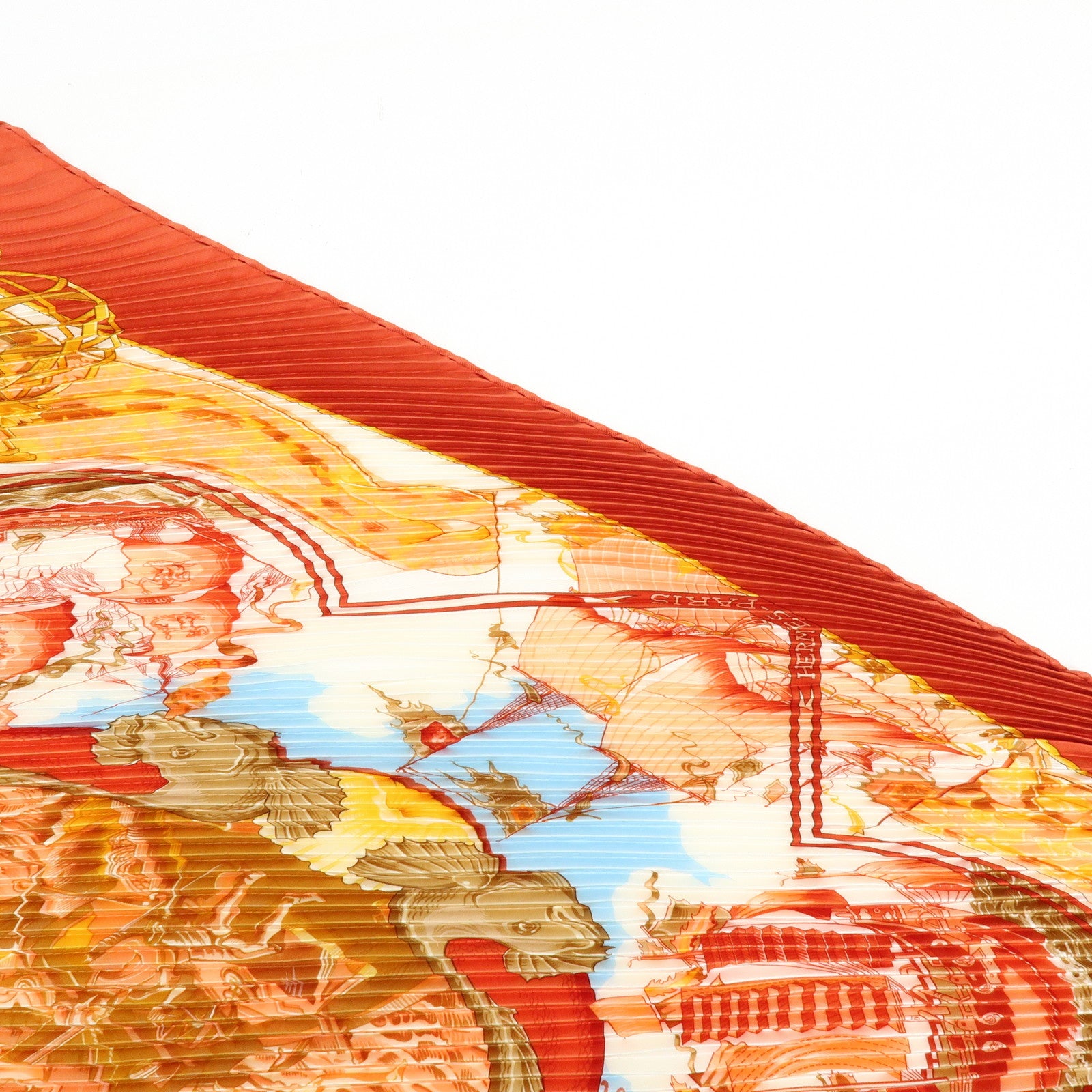 HERMES Pleated Carre Silk 100% Scarf Au-dela Des Cinq Mers Orange