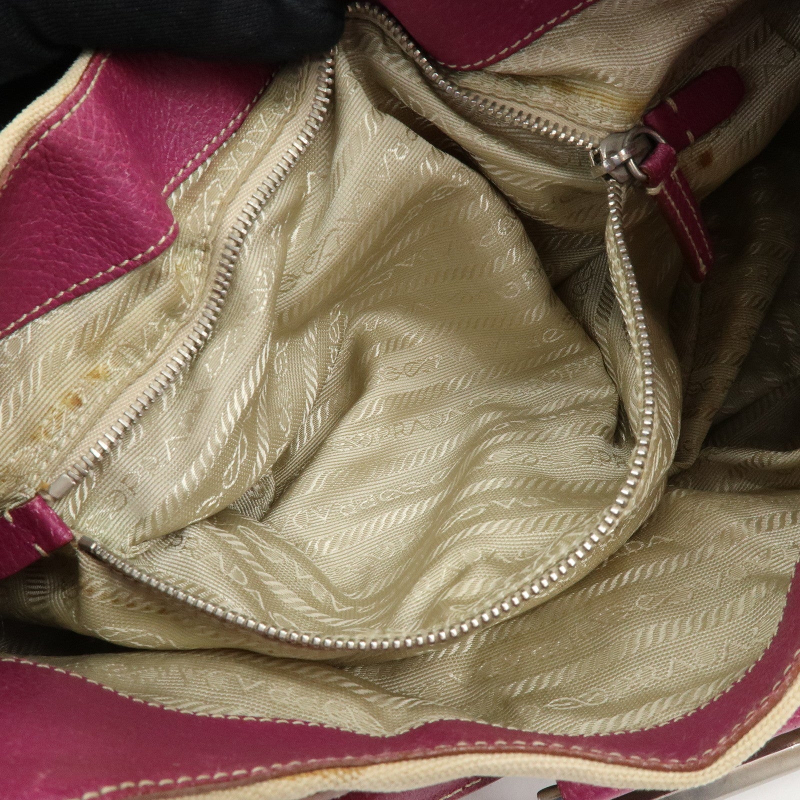 PRADA Triangle Logo Canvas Leather Hand Bag Beige Purple BR0811