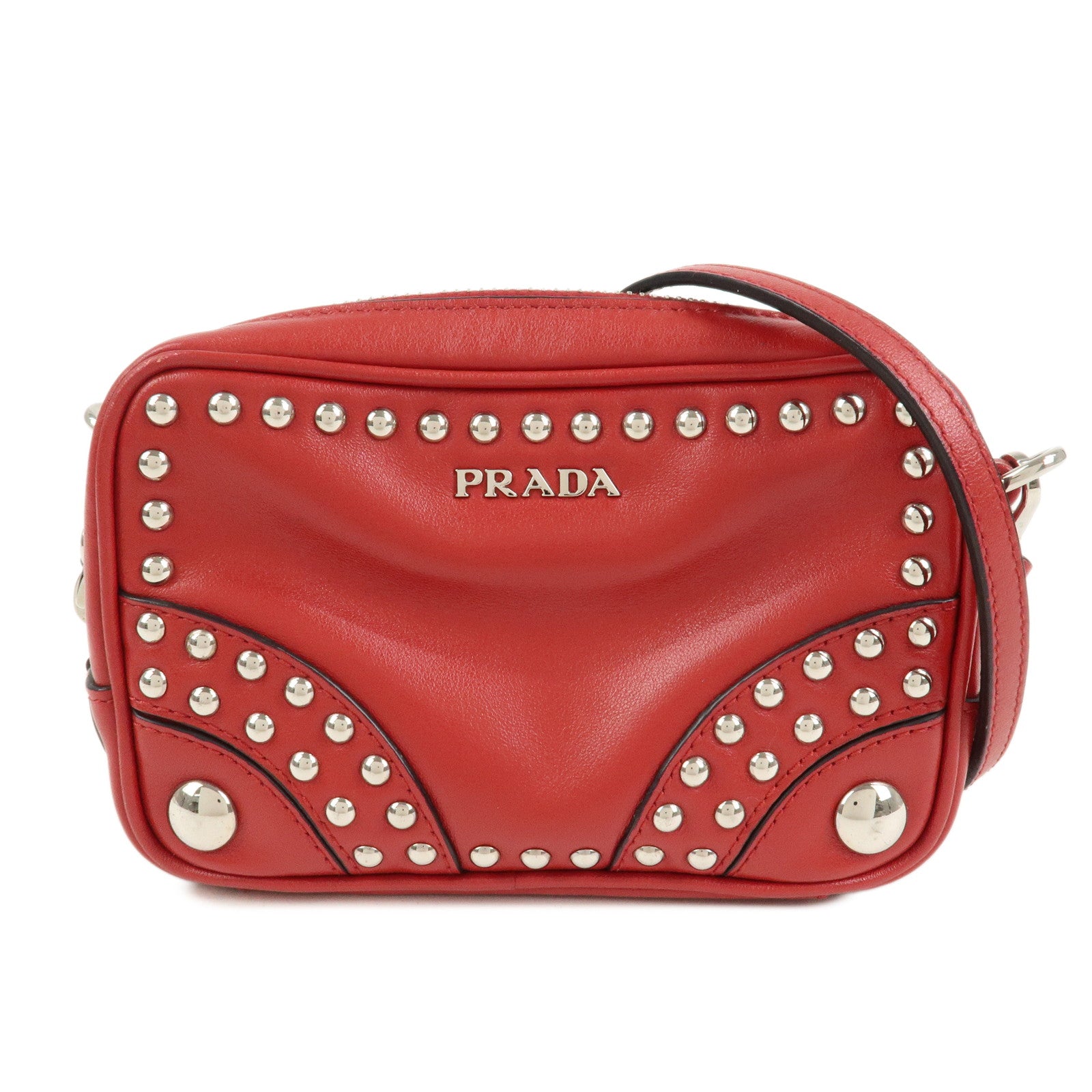 PRADA Logo Leather Mini Shoulder Bag Camera Bag Studs Red 1N1674