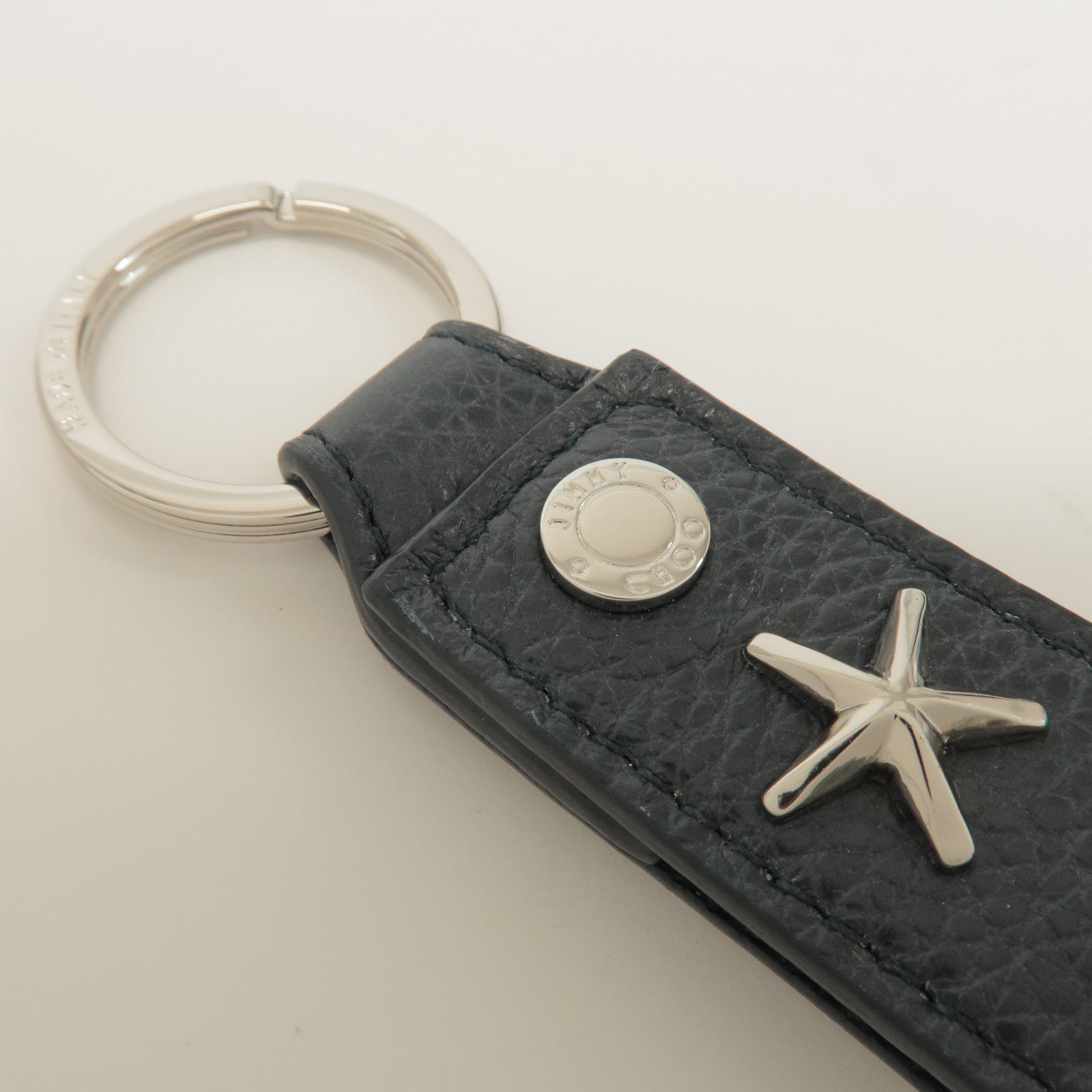JIMMY CHOO Leather Bag Charm Key Chain Star Motif Navy