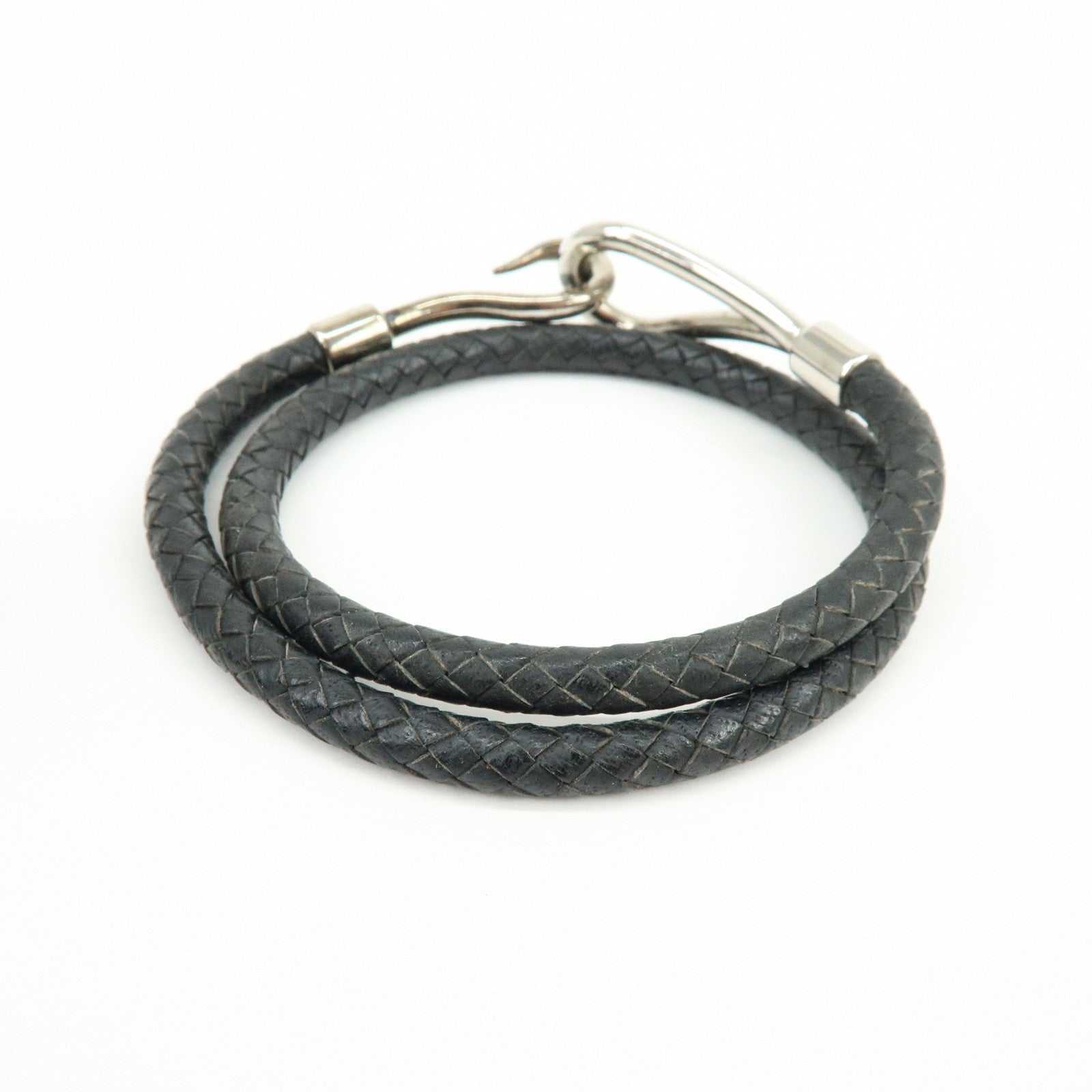 HERMES Jumbo Choker Double Tour Leather Metal Bracelet Black Silver