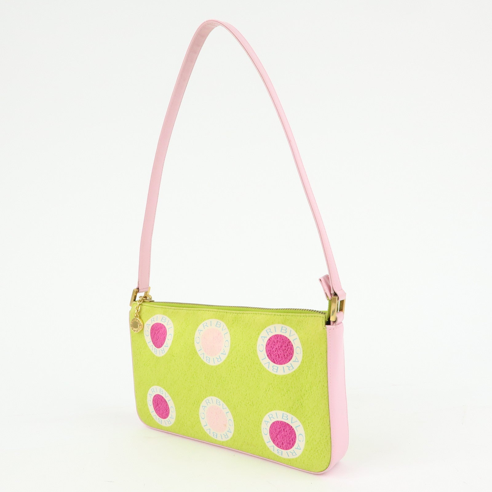 BVLGARI Nylon Leather Shoulder Bag Hand Bag Light Pink Light Green