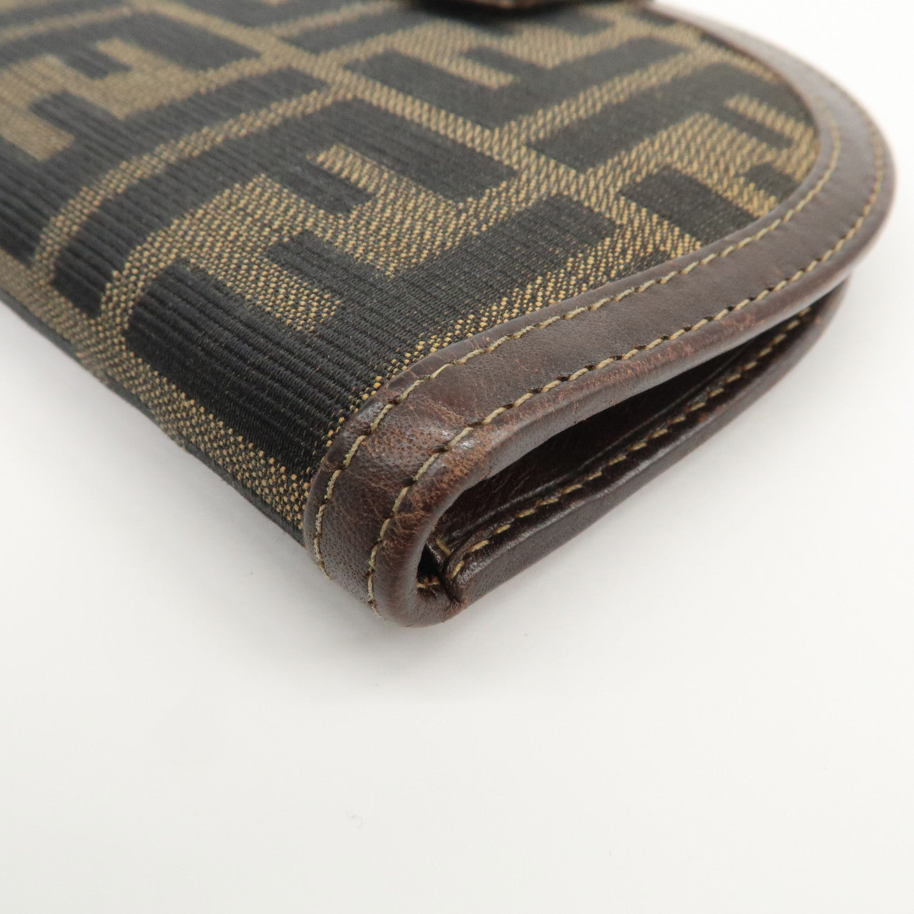 FENDI Zucca Canvas Leather Compact Wallet Black Brown 01223