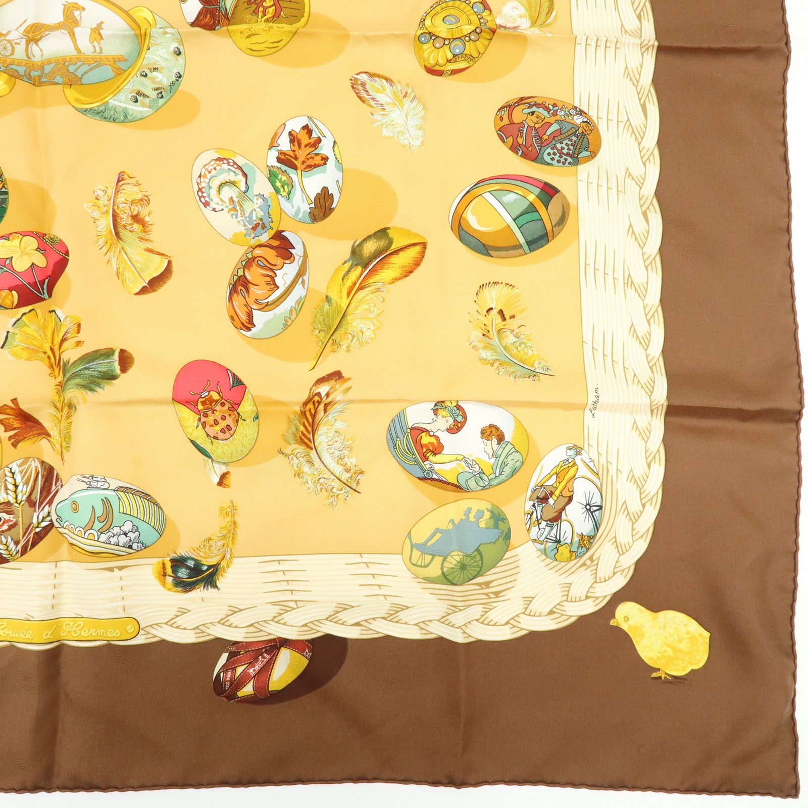 HERMES Carre 90 Silk 100% Scarf COUVEE D HERMES Brown Yellow
