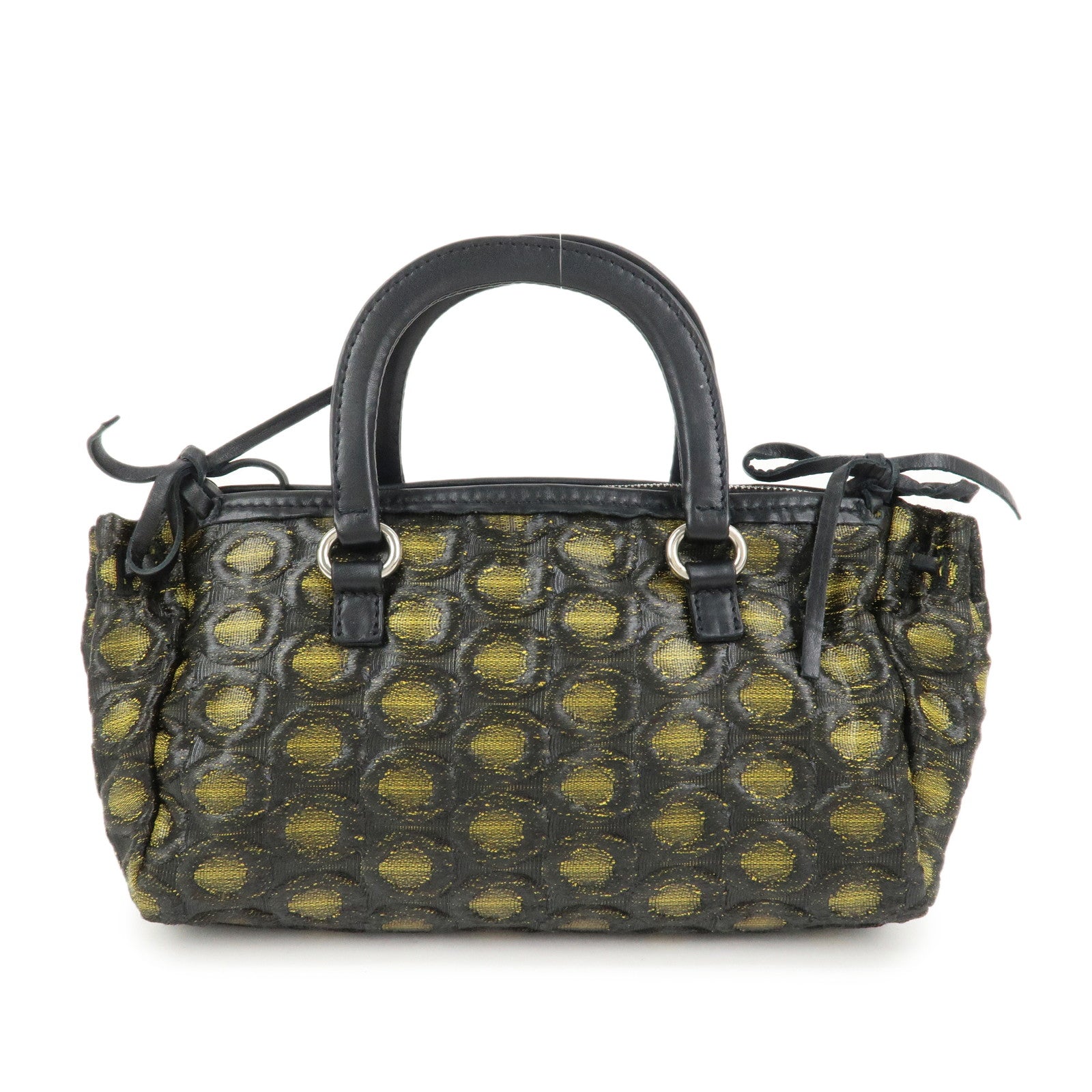 PRADA Triangle Logo Nylon Leather Ribbon Hand Bag Black Yellow