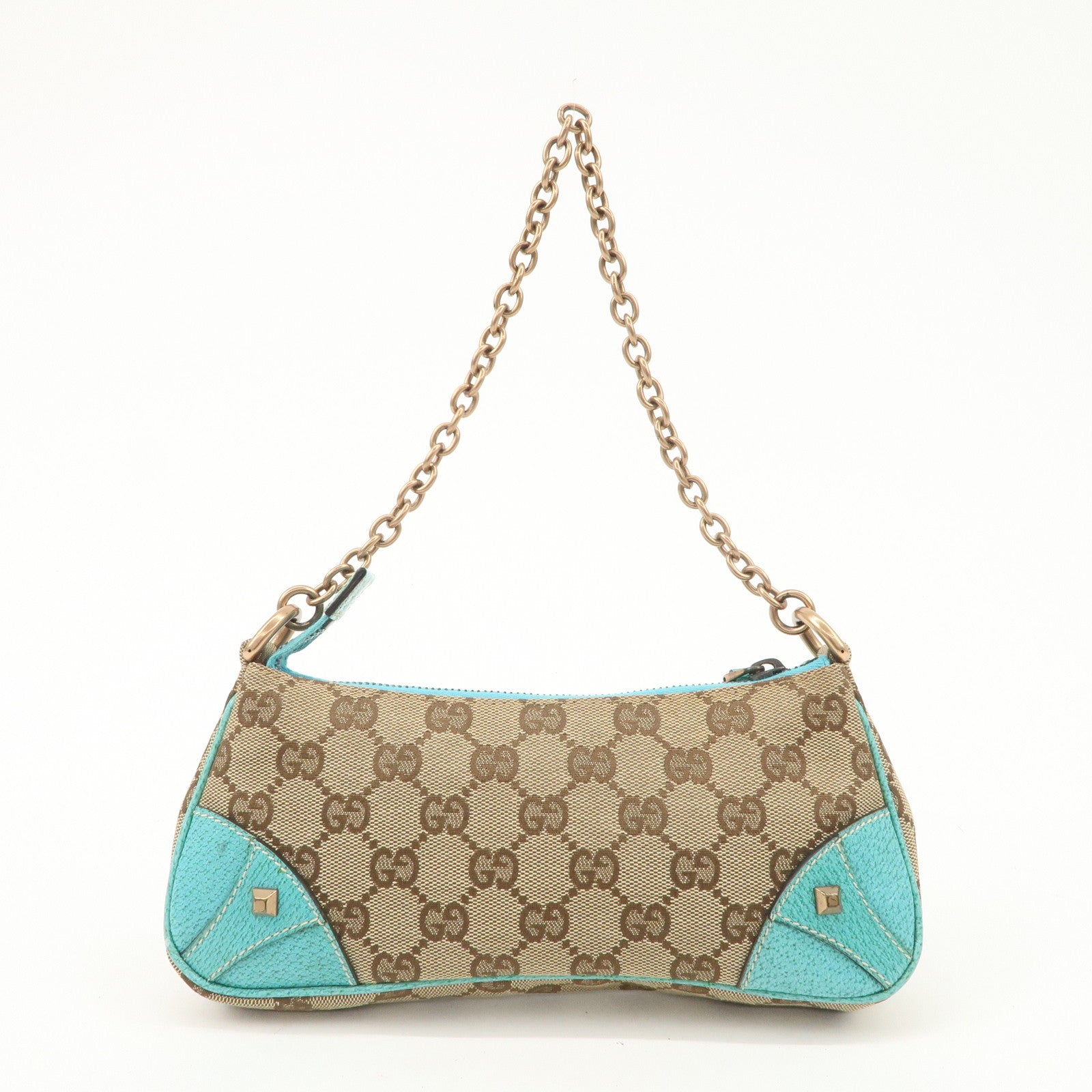 GUCCI GG Canvas Leather Chain Shoulder Bag Beige Turquoise Blue 120940 Used