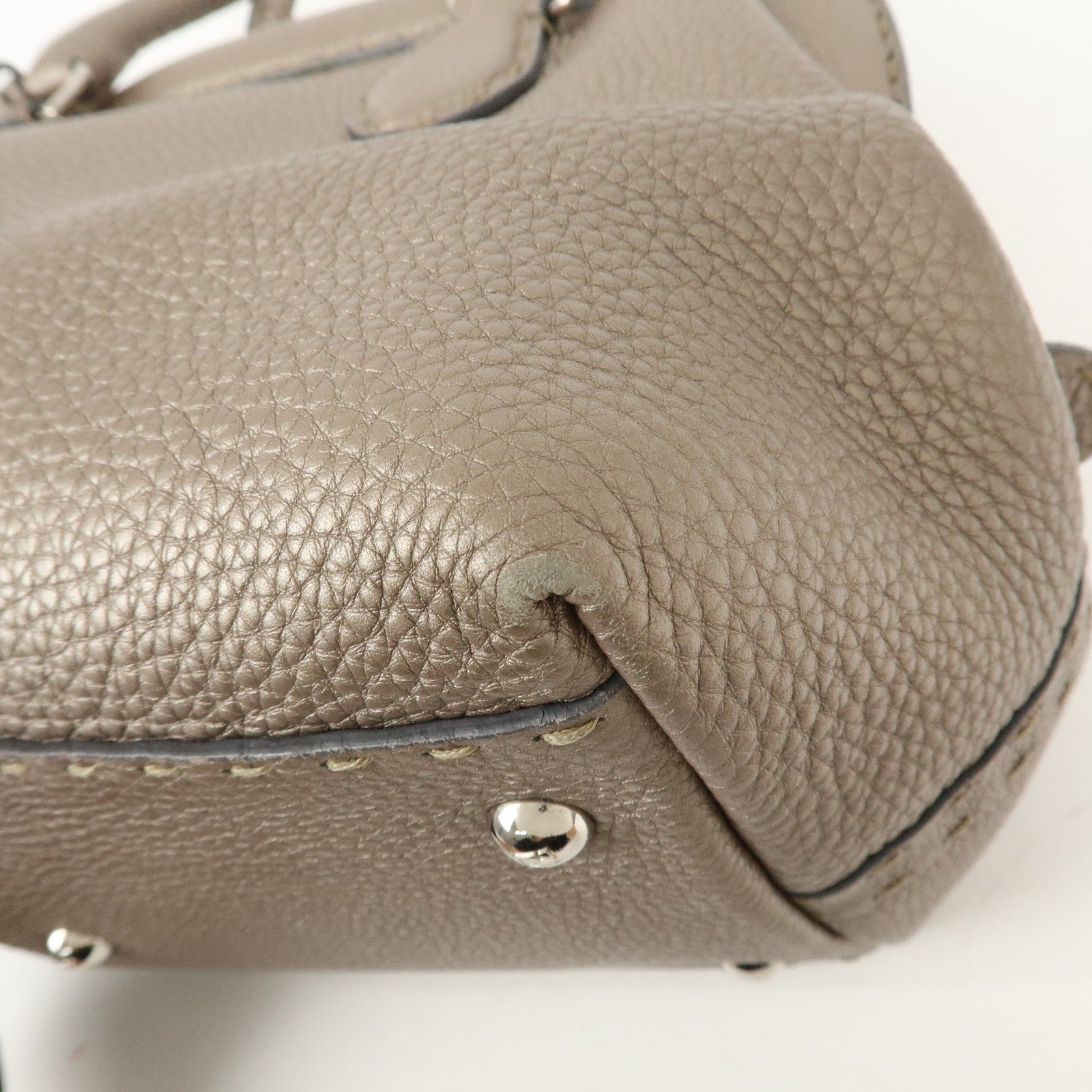 FENDI Selleria Logo Leather Boston Bag Hand Bag Greige 8BN127