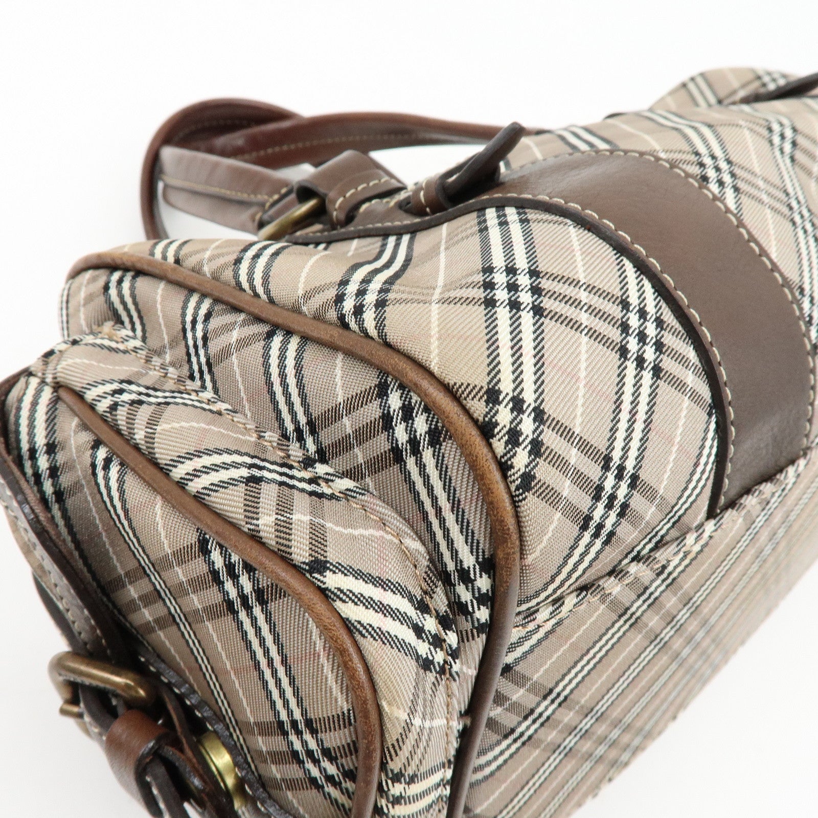 BURBERRY Blue Label Canvas Leather Plaid Hand Bag Boston Bag Brown